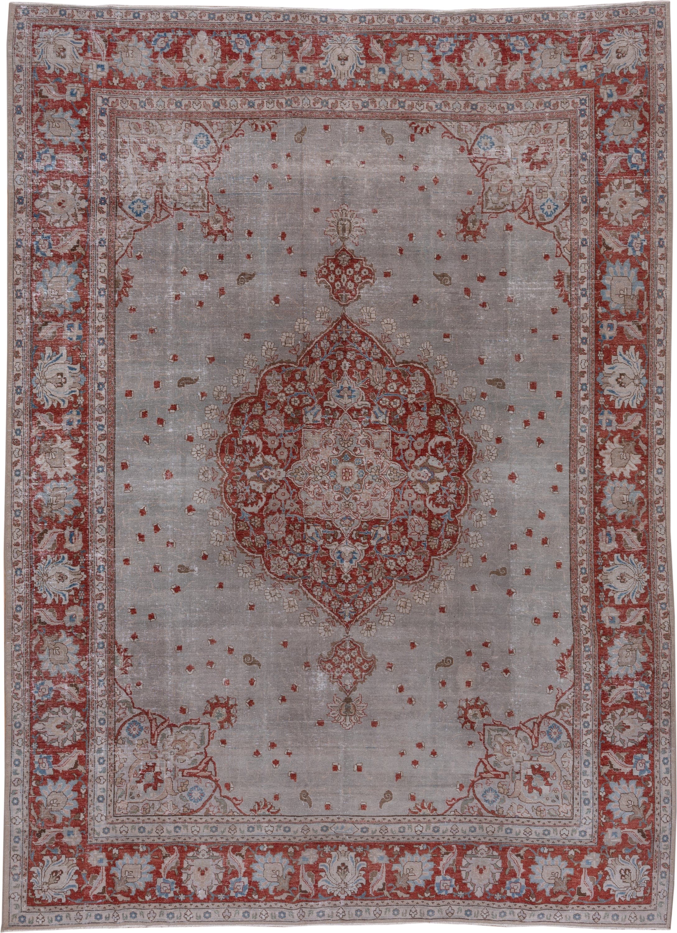 9' x 12' one-of-a-kind handmade antique Tabriz large size rug. Color palette: ivory, rust, taupe, sky blue, rose, beige