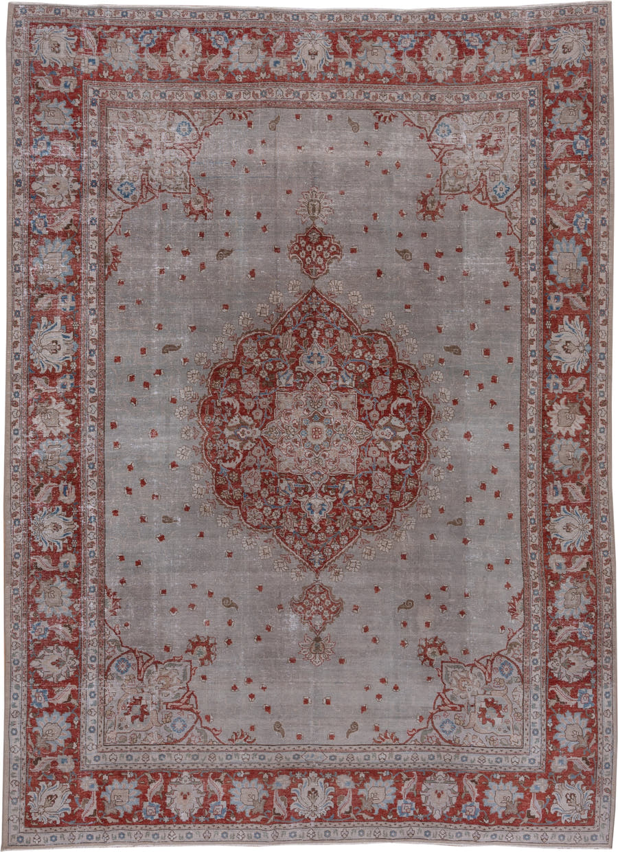 9' x 12' one-of-a-kind handmade antique Tabriz large size rug. Color palette: ivory, rust, taupe, sky blue, rose, beige