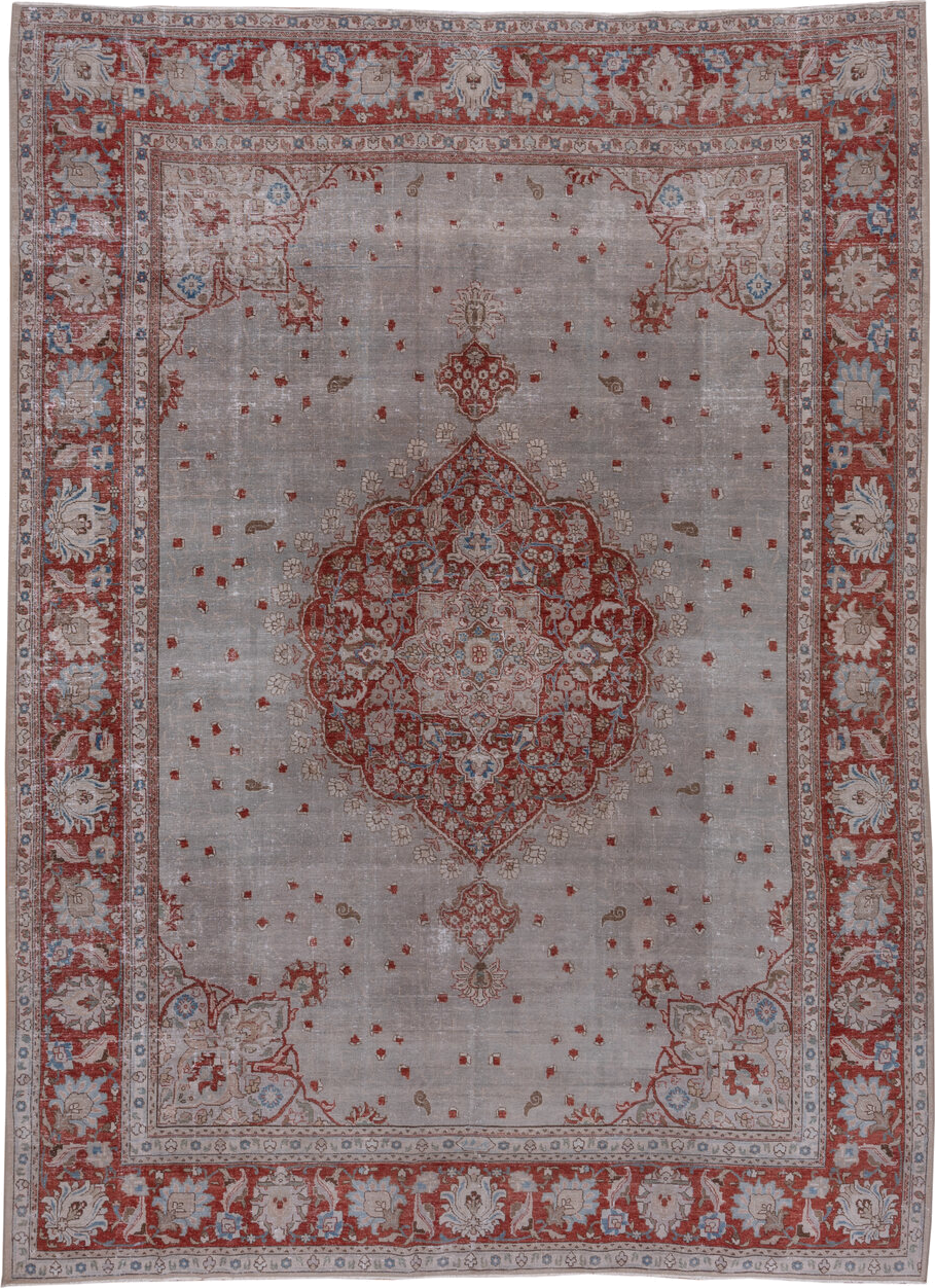 9' x 12' one-of-a-kind handmade antique Tabriz large size rug. Color palette: ivory, rust, taupe, sky blue, rose, beige