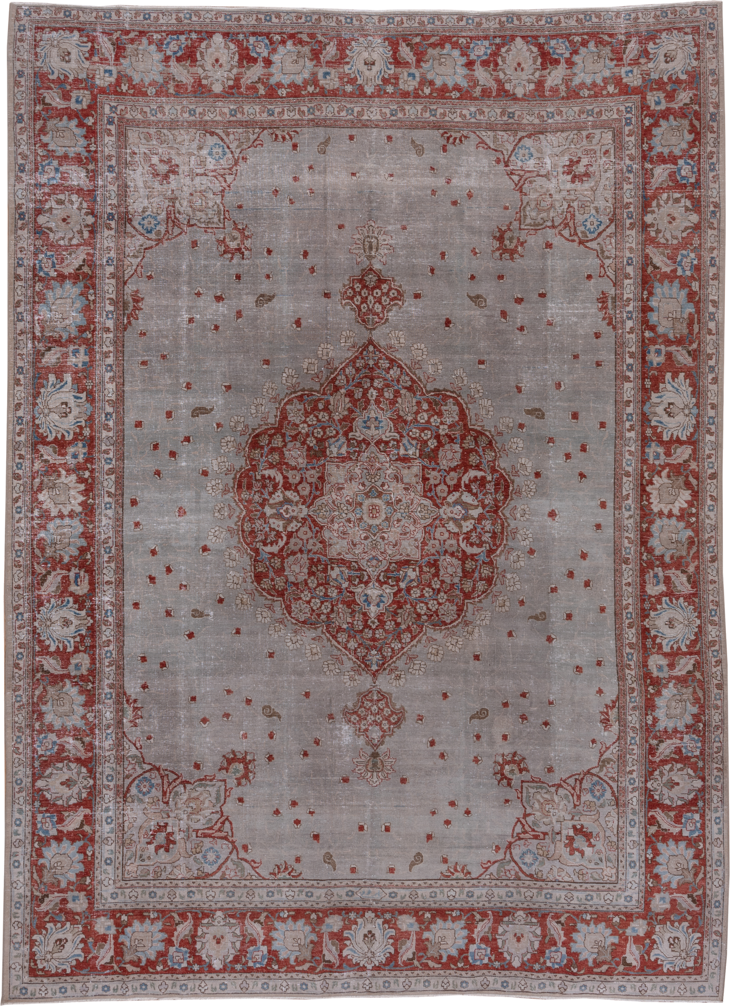 9' x 12' one-of-a-kind handmade antique Tabriz large size rug. Color palette: ivory, rust, taupe, sky blue, rose, beige