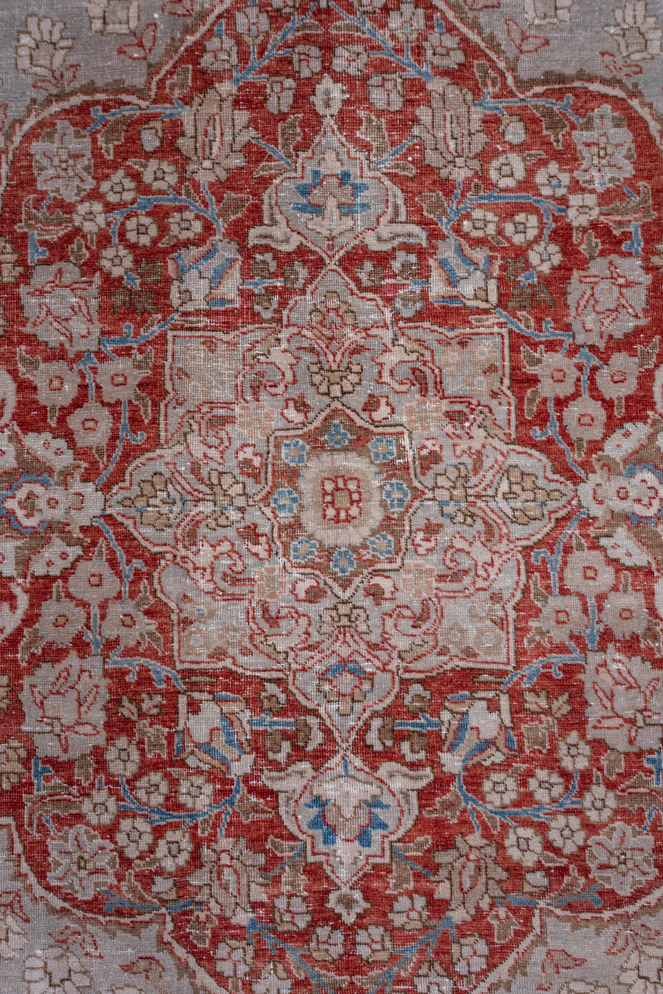 9' x 12' one-of-a-kind handmade antique Tabriz large size rug. Color palette: ivory, rust, taupe, sky blue, rose, beige