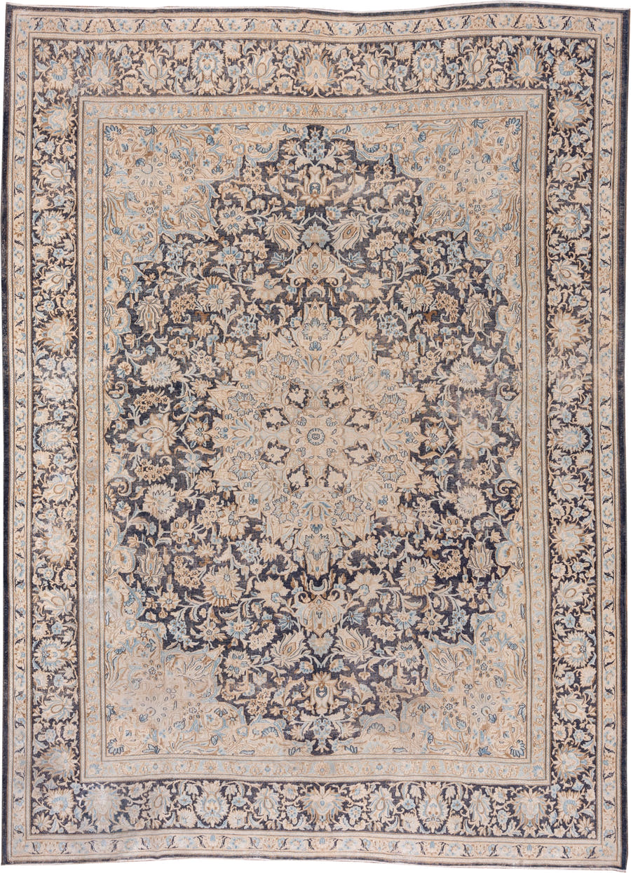 9' x 12' one-of-a-kind handmade antique Kerman large size rug. Color palette: ivory, navy, beige, pale blue, taupe, charcoal