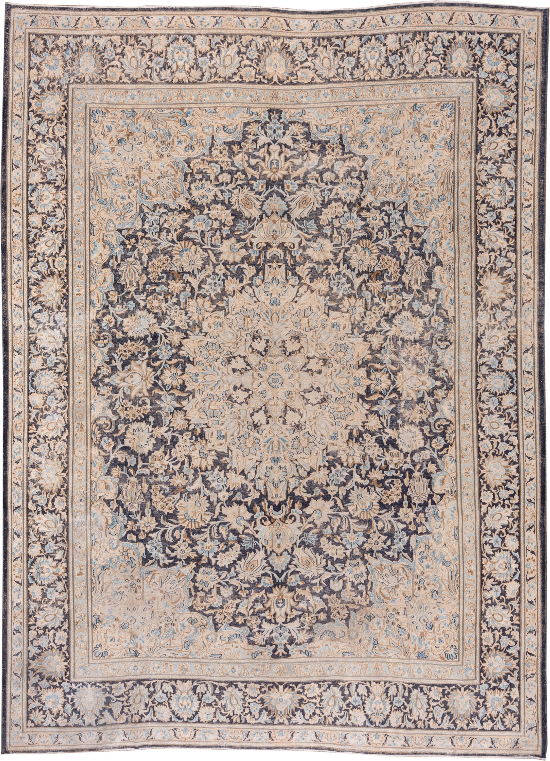 9' x 12' one-of-a-kind handmade antique Kerman large size rug. Color palette: ivory, navy, beige, pale blue, taupe, charcoal
