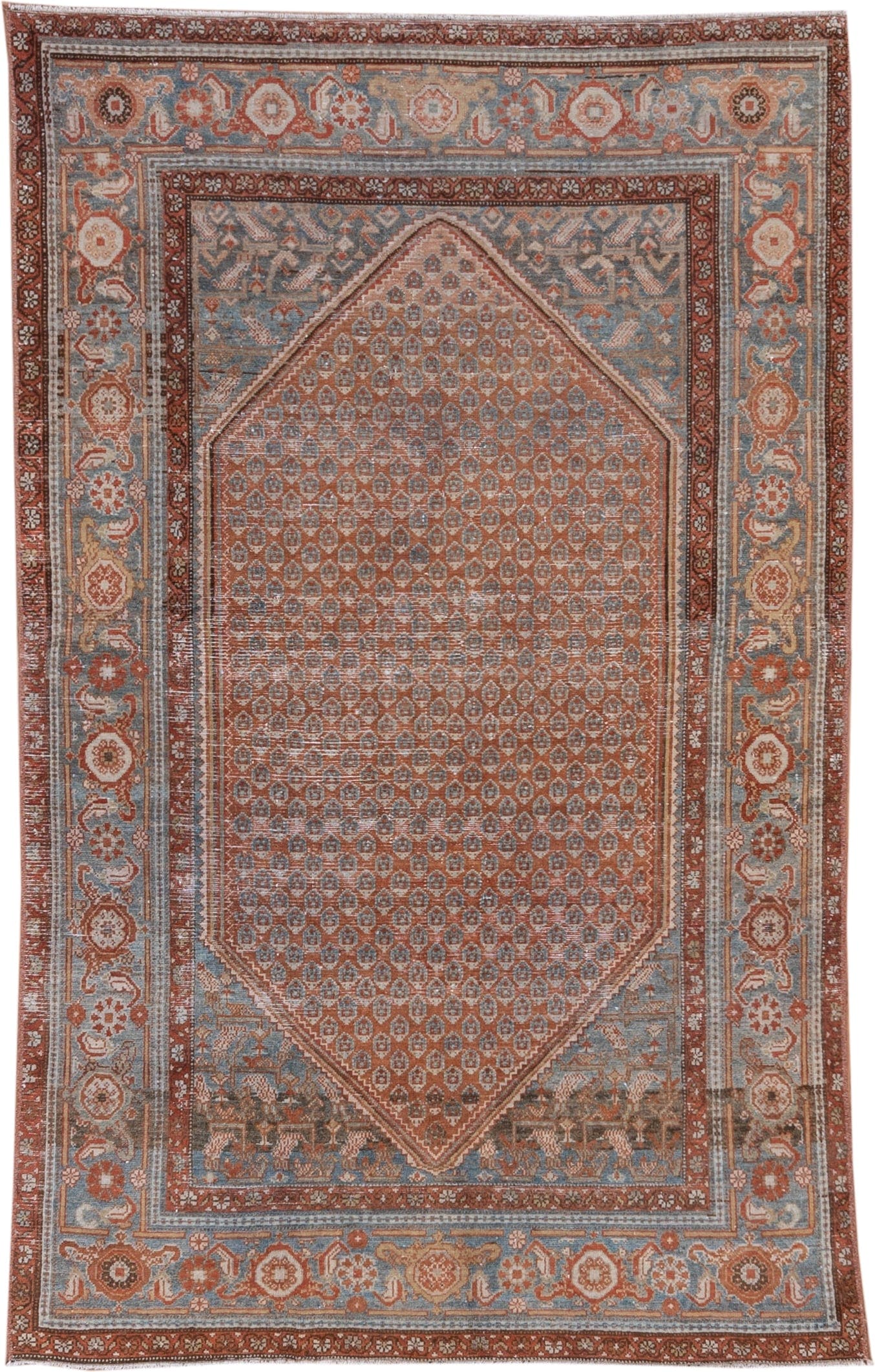 4' x 6' one-of-a-kind handmade antique Malayer small size rug. Color palette: terra cotta, sky blue, ivory, rust, slate