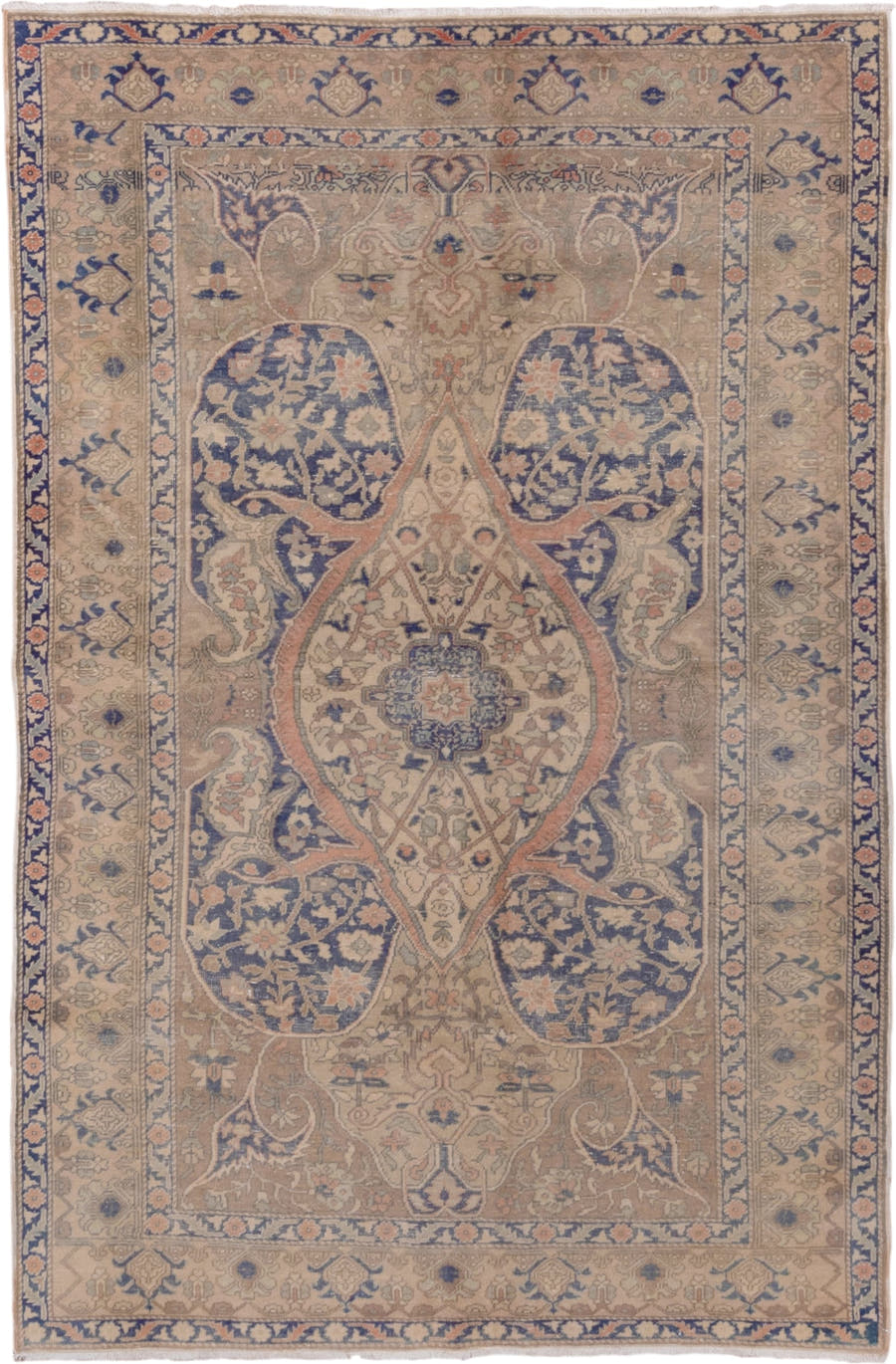 4' x 7' one-of-a-kind handmade vintage Oushak rug. Color palette: beige, taupe, faded blue, ivory, blush, camel, gray, blue