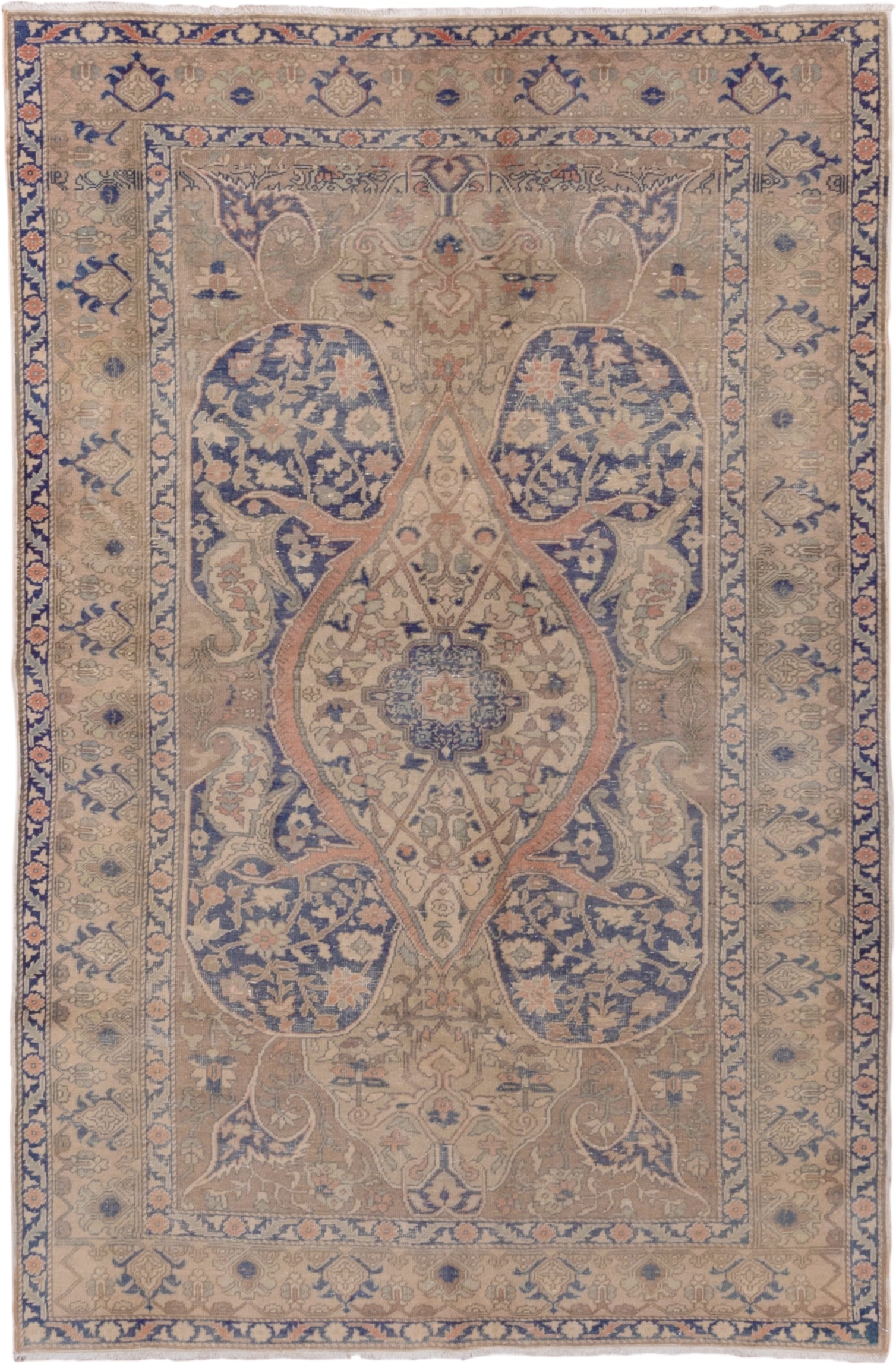 4' x 7' one-of-a-kind handmade vintage Oushak rug. Color palette: beige, taupe, faded blue, ivory, blush, camel, gray, blue