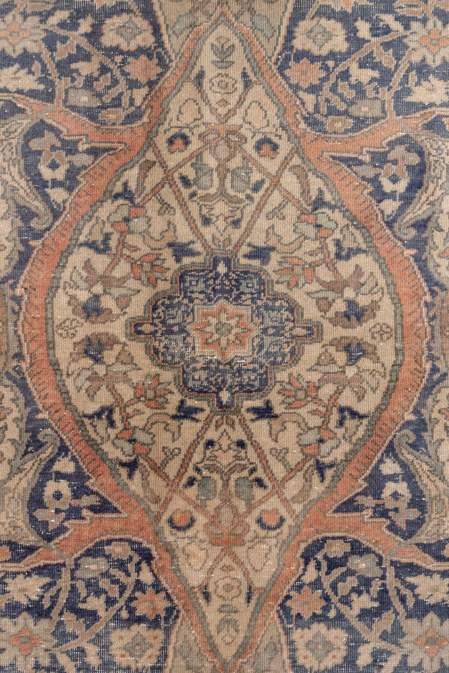 4' x 7' one-of-a-kind handmade vintage Oushak rug. Color palette: beige, taupe, faded blue, ivory, blush, camel, gray, blue