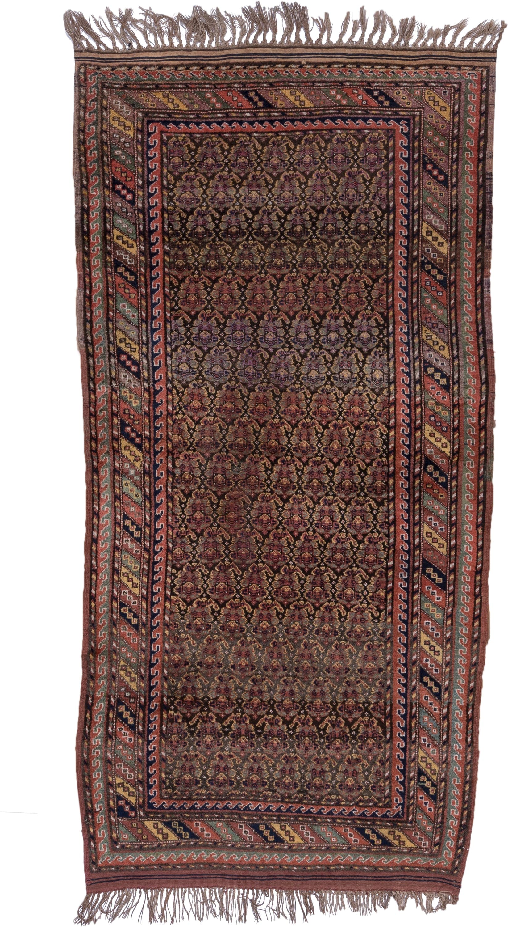 4' x 9' one-of-a-kind handmade antique Kurd rug. Color palette: rust, navy, brown, rose, ivory, gold, sage, terracotta, blue