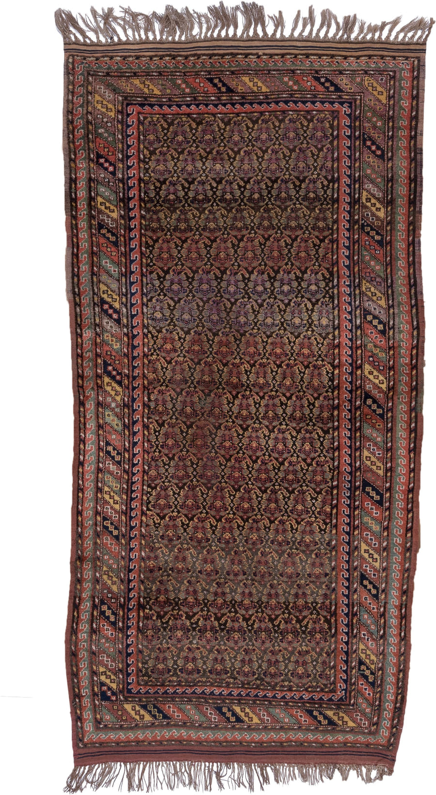4' x 9' one-of-a-kind handmade antique Kurd rug. Color palette: rust, navy, brown, rose, ivory, gold, sage, terracotta, blue