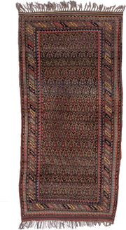 4' x 9' one-of-a-kind handmade antique Kurd rug. Color palette: rust, navy, brown, rose, ivory, gold, sage, terracotta, blue