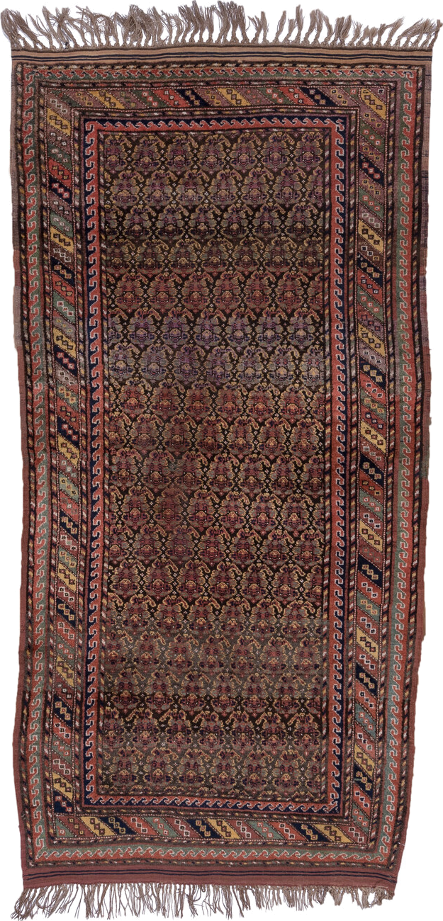 4' x 9' one-of-a-kind handmade antique Kurd rug. Color palette: rust, navy, brown, rose, ivory, gold, sage, terracotta, blue