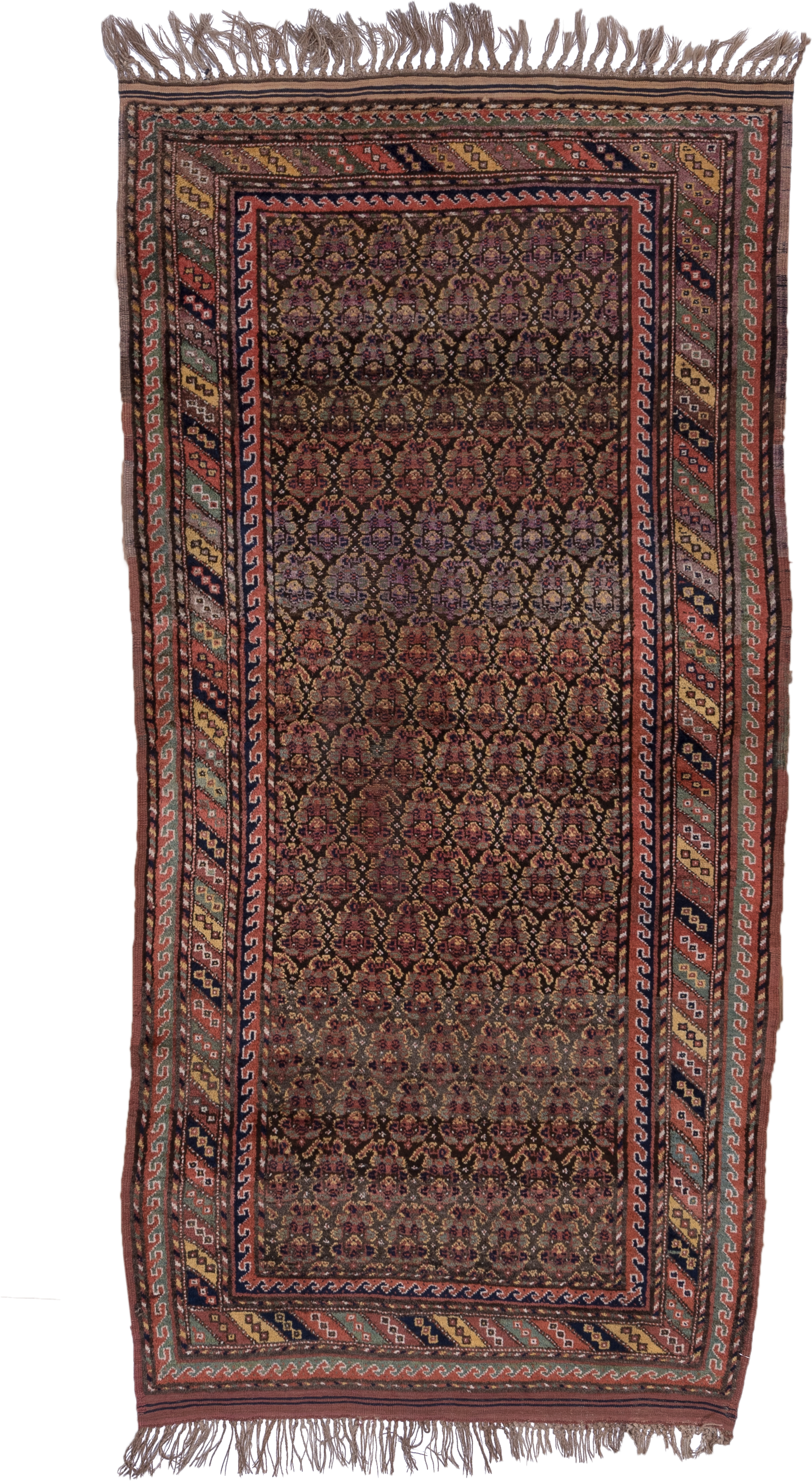 4' x 9' one-of-a-kind handmade antique Kurd rug. Color palette: rust, navy, brown, rose, ivory, gold, sage, terracotta, blue