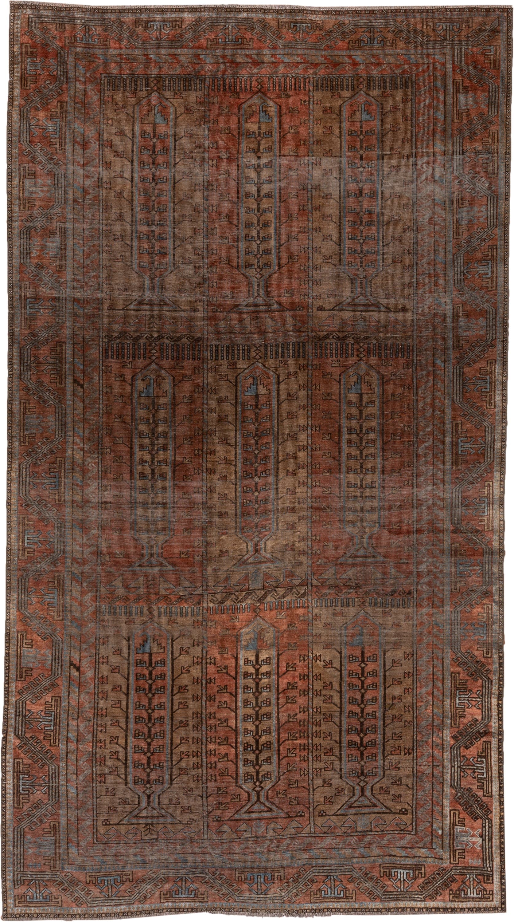 5' x 9' one-of-a-kind handmade antique Belouch large size rug. Color palette: rust, brown, slate, taupe, charcoal