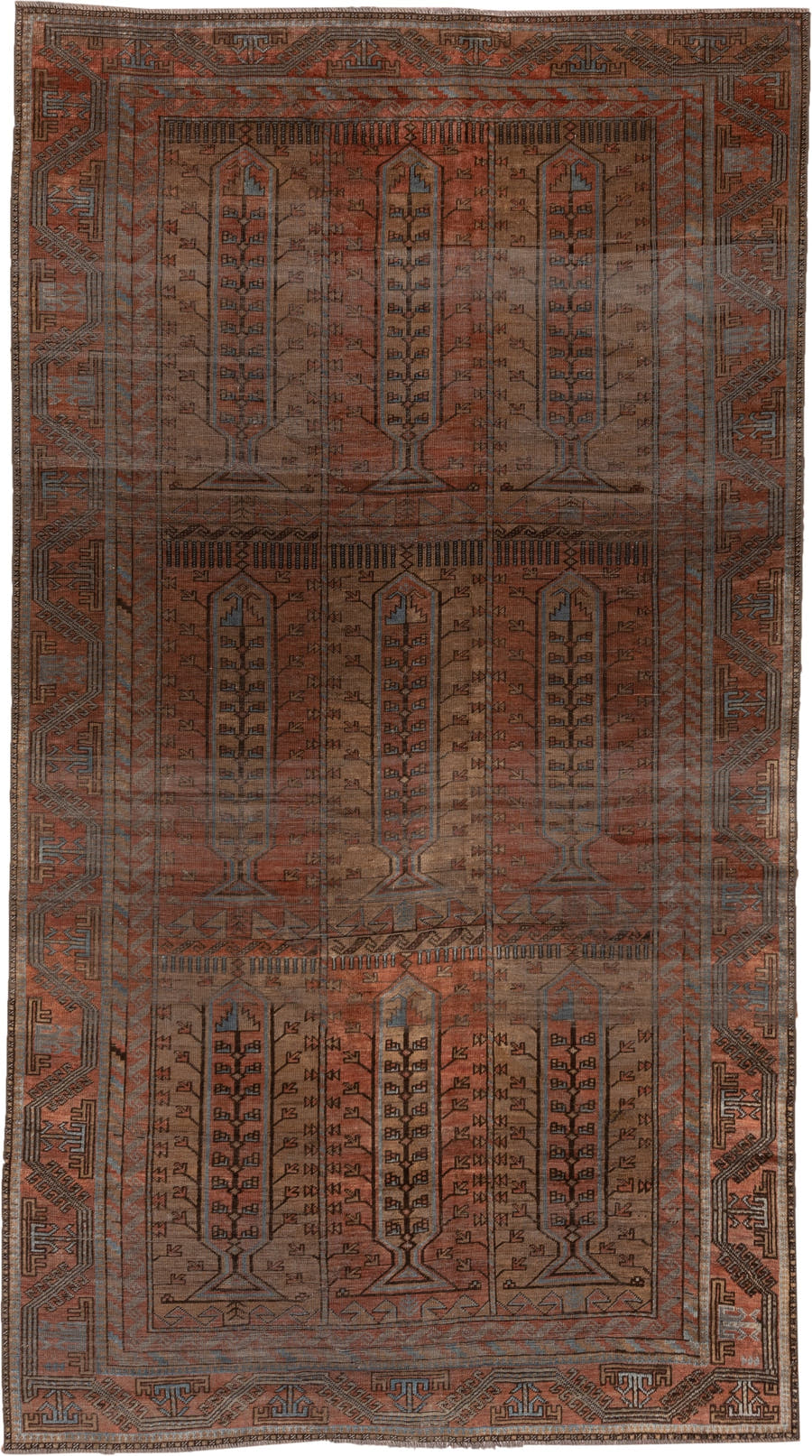 5' x 9' one-of-a-kind handmade antique Belouch large size rug. Color palette: rust, brown, slate, taupe, charcoal
