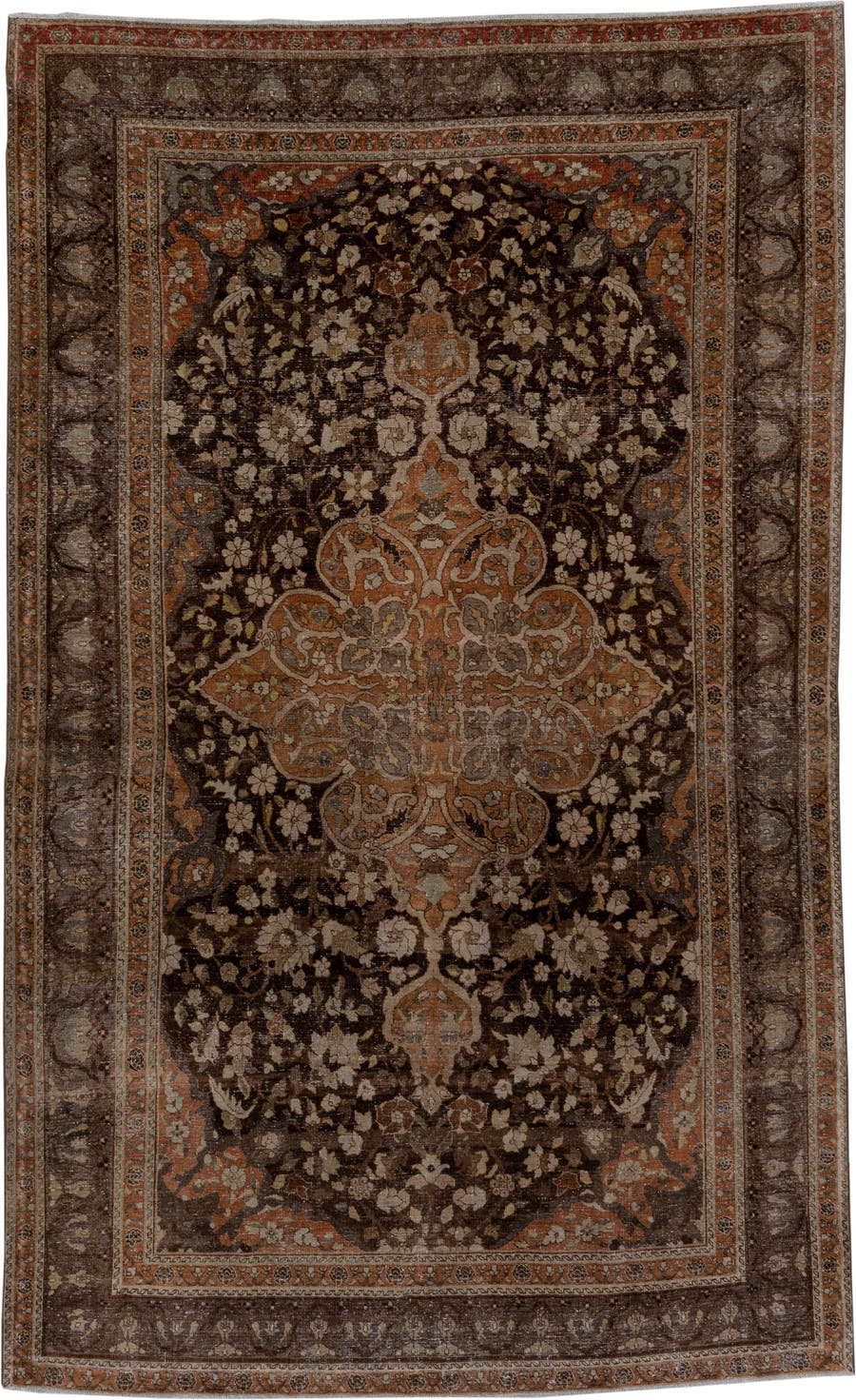 5' x 9' one-of-a-kind handmade antique Sivas medium size rug. Color palette: brown, taupe, terra cotta, ivory, charcoal