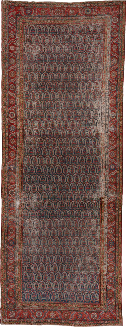 6' x 17' one-of-a-kind handmade antique Malayer rug. Color palette: navy, rust, ivory, brick, slate, camel, charcoal, blue