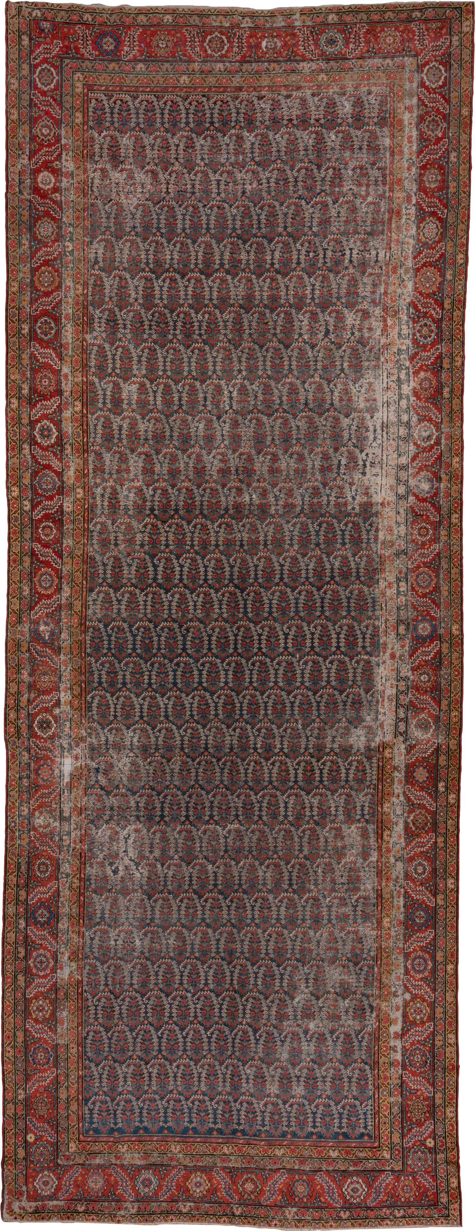 6' x 17' one-of-a-kind handmade antique Malayer rug. Color palette: navy, rust, ivory, brick, slate, camel, charcoal, blue