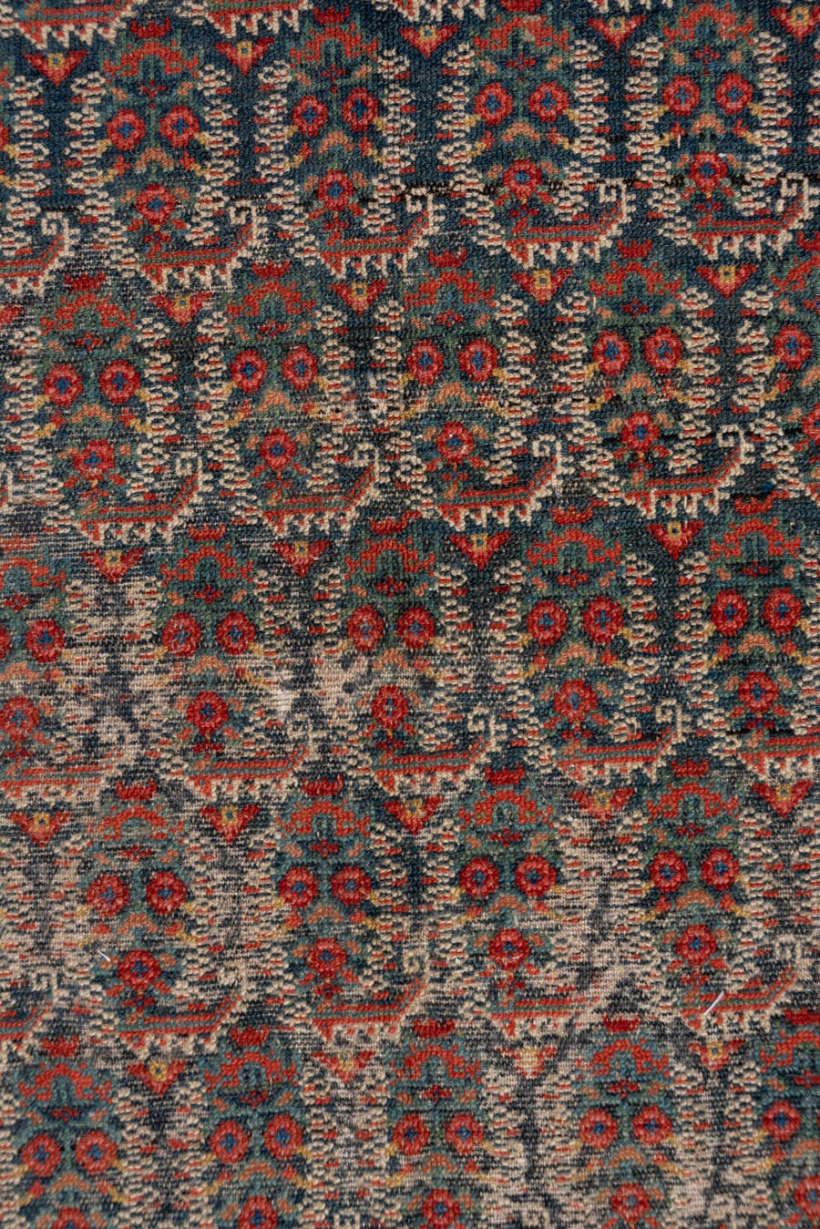 6' x 17' one-of-a-kind handmade antique Malayer rug. Color palette: navy, rust, ivory, brick, slate, camel, charcoal, blue