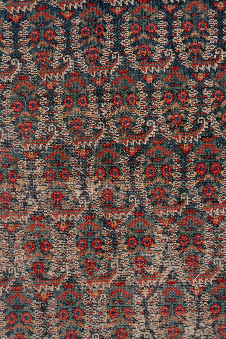 6' x 17' one-of-a-kind handmade antique Malayer rug. Color palette: navy, rust, ivory, brick, slate, camel, charcoal, blue