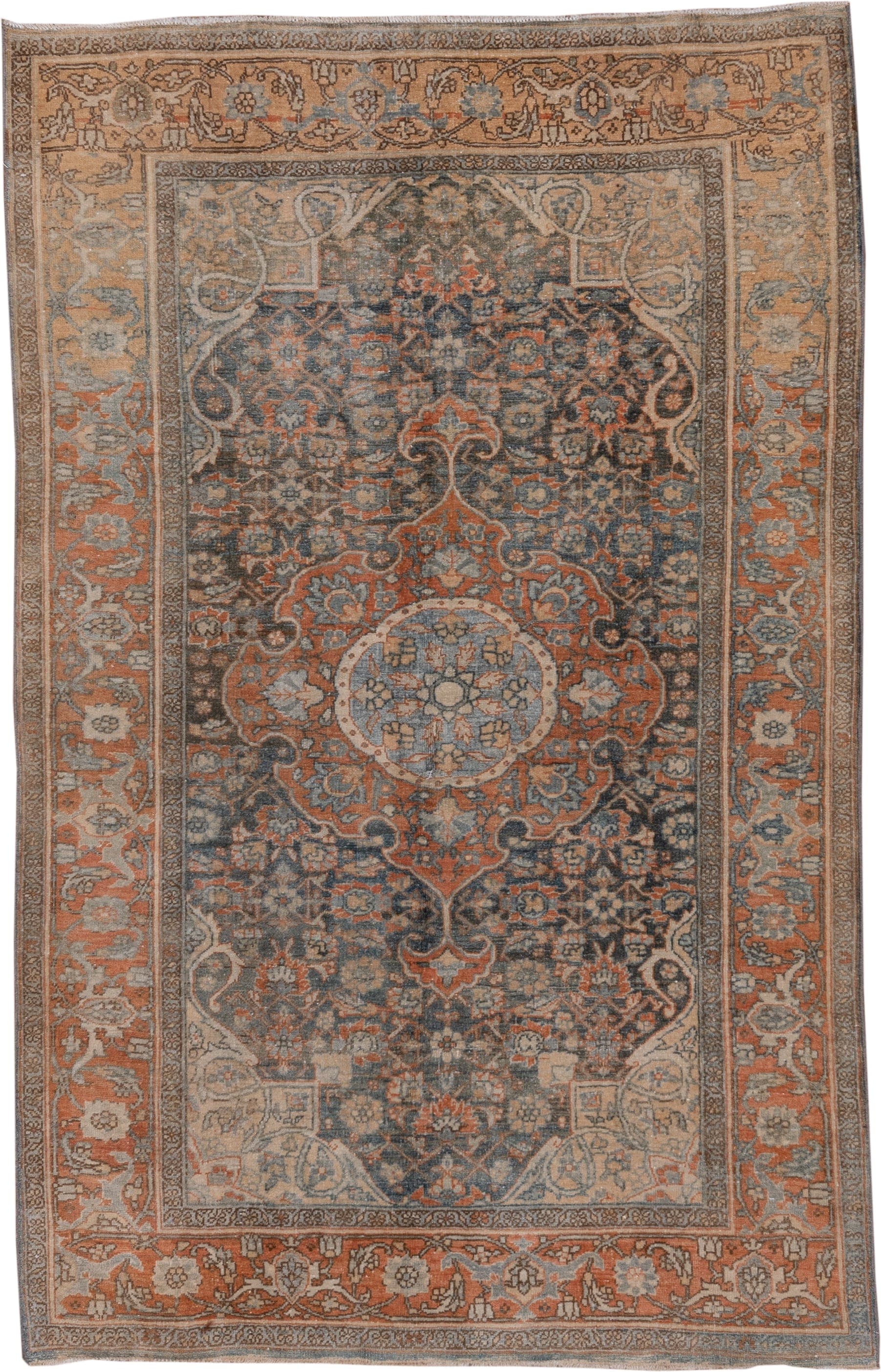 4' x 6' one-of-a-kind handmade antique Bidjar small size rug. Color palette: navy, rust, ivory, pale blue, camel, taupe