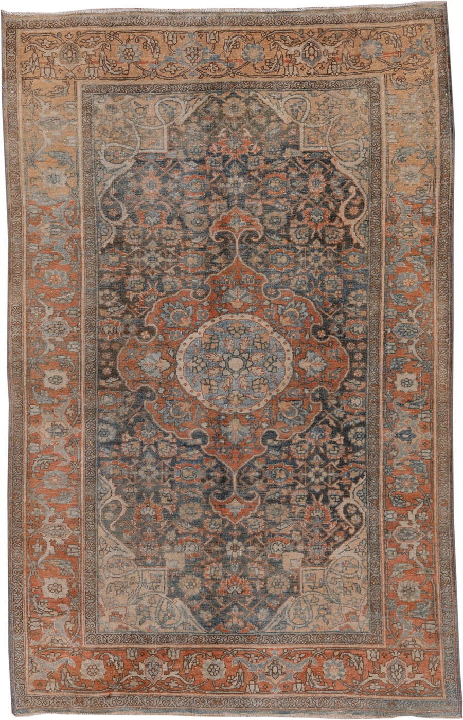4' x 6' one-of-a-kind handmade antique Bidjar small size rug. Color palette: navy, rust, ivory, pale blue, camel, taupe