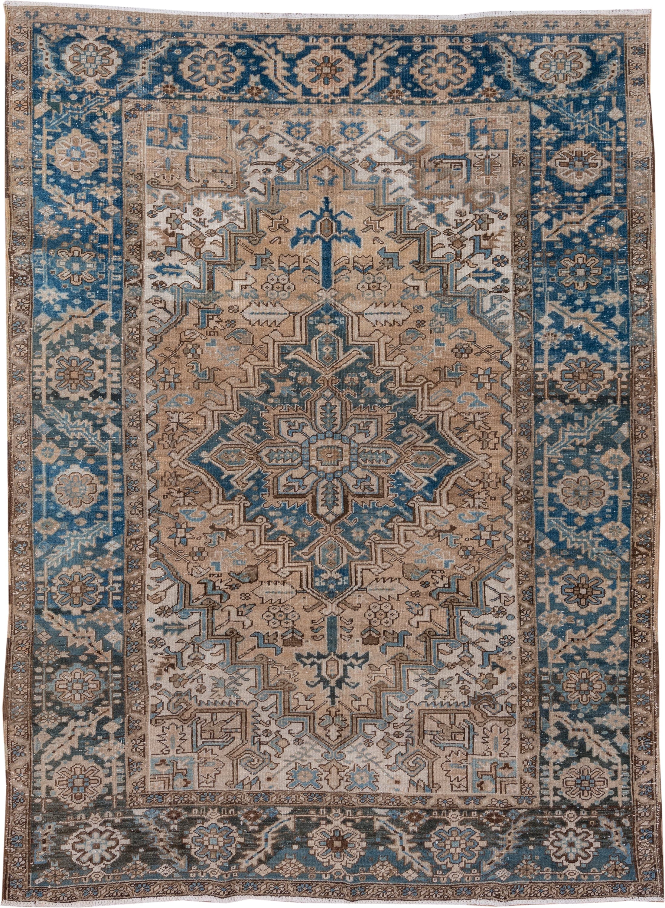 6' x 9' one-of-a-kind handmade antique Heriz medium size rug. Color palette: ivory, blue, taupe, brown, sky blue, charcoal