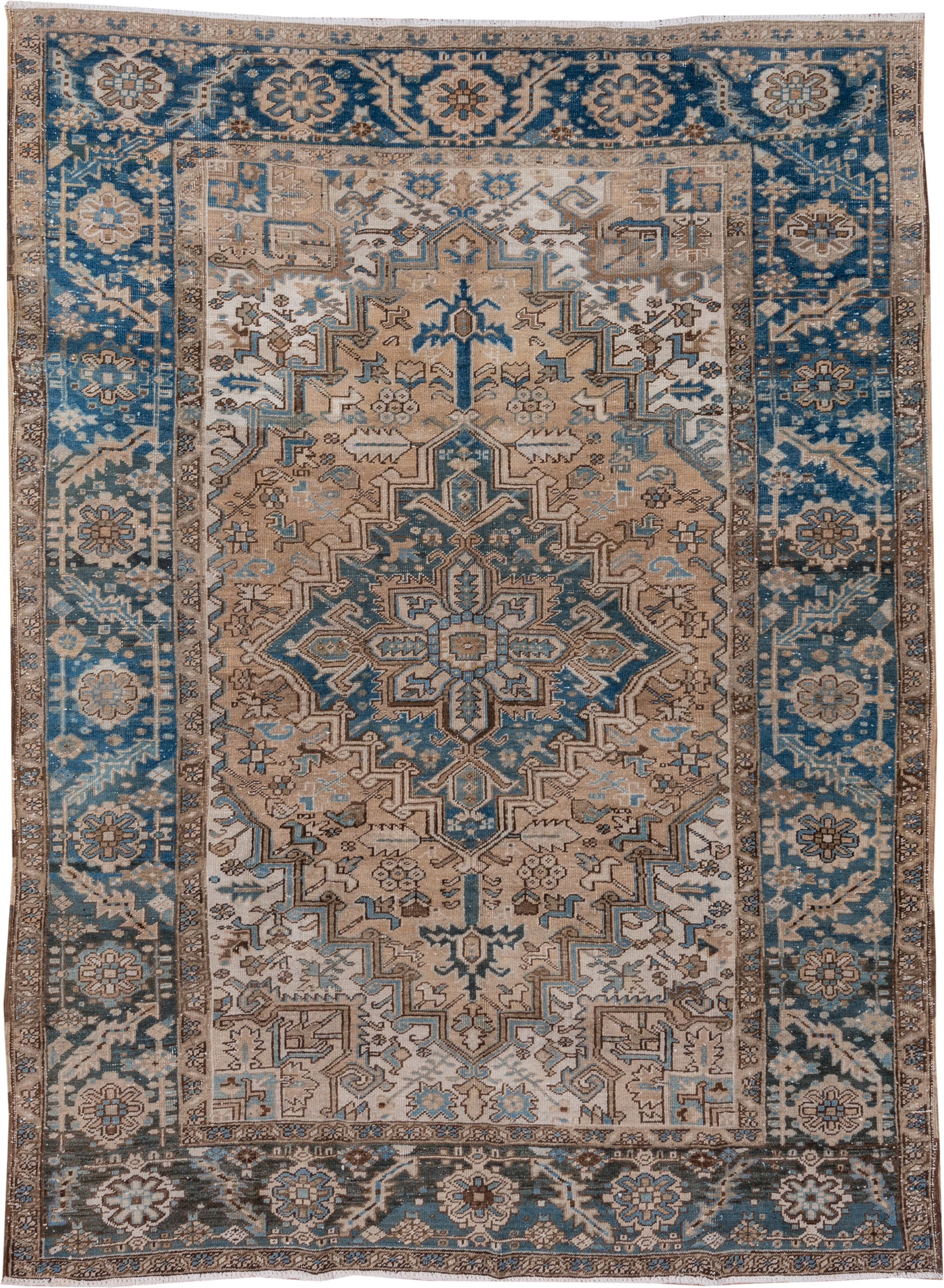 6' x 9' one-of-a-kind handmade antique Heriz medium size rug. Color palette: ivory, blue, taupe, brown, sky blue, charcoal