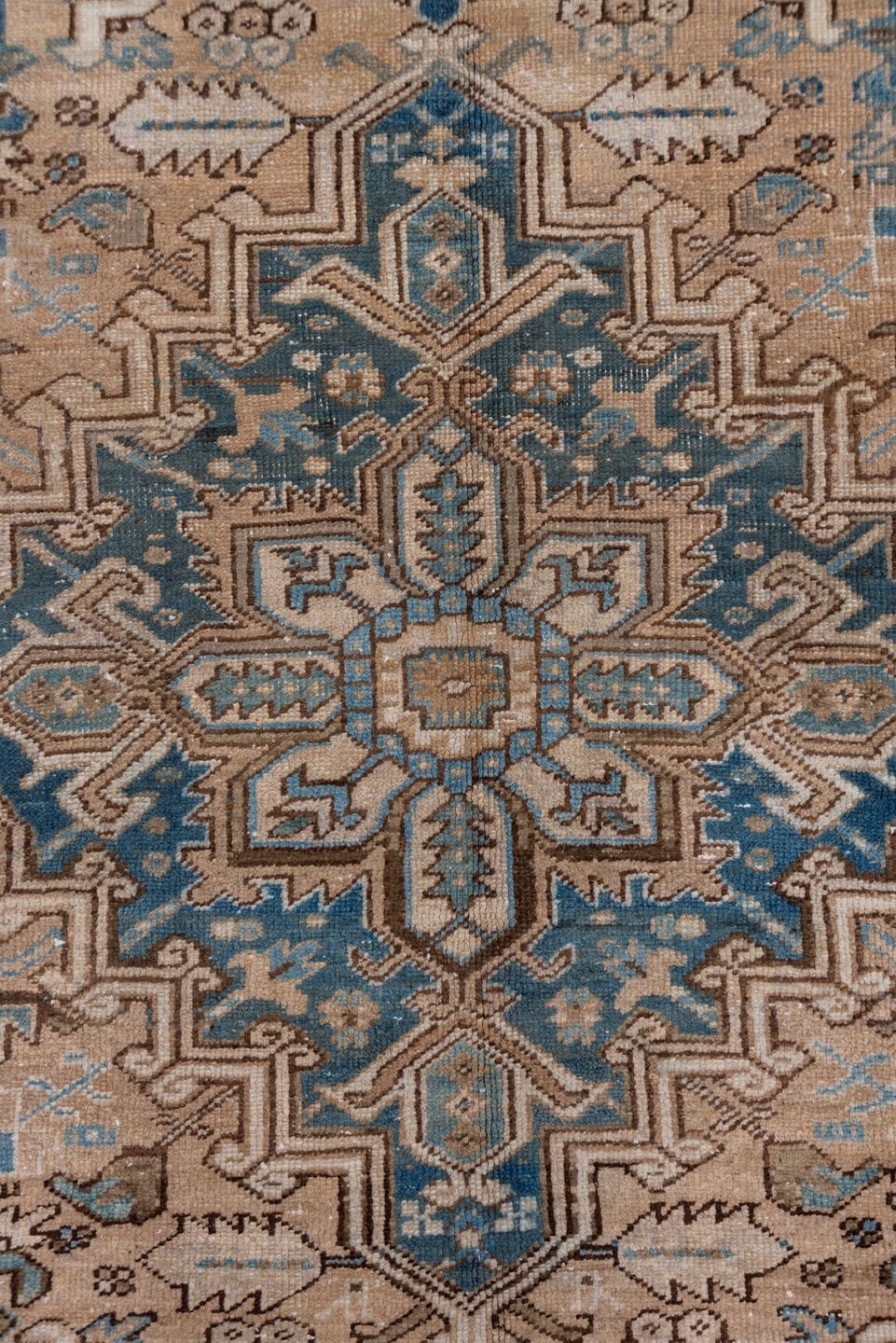 6' x 9' one-of-a-kind handmade antique Heriz medium size rug. Color palette: ivory, blue, taupe, brown, sky blue, charcoal