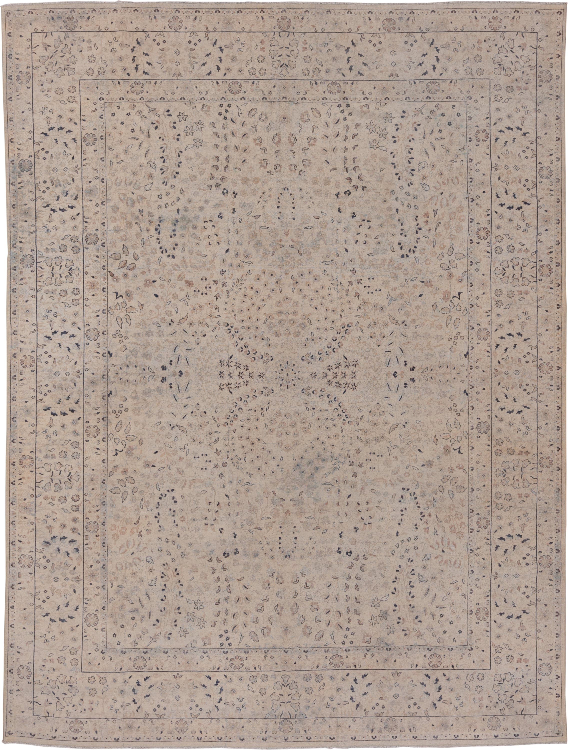 8' x 11' one-of-a-kind handmade antique Kashan large size rug. Color palette: ivory, beige, taupe, slate, dusty blue, camel