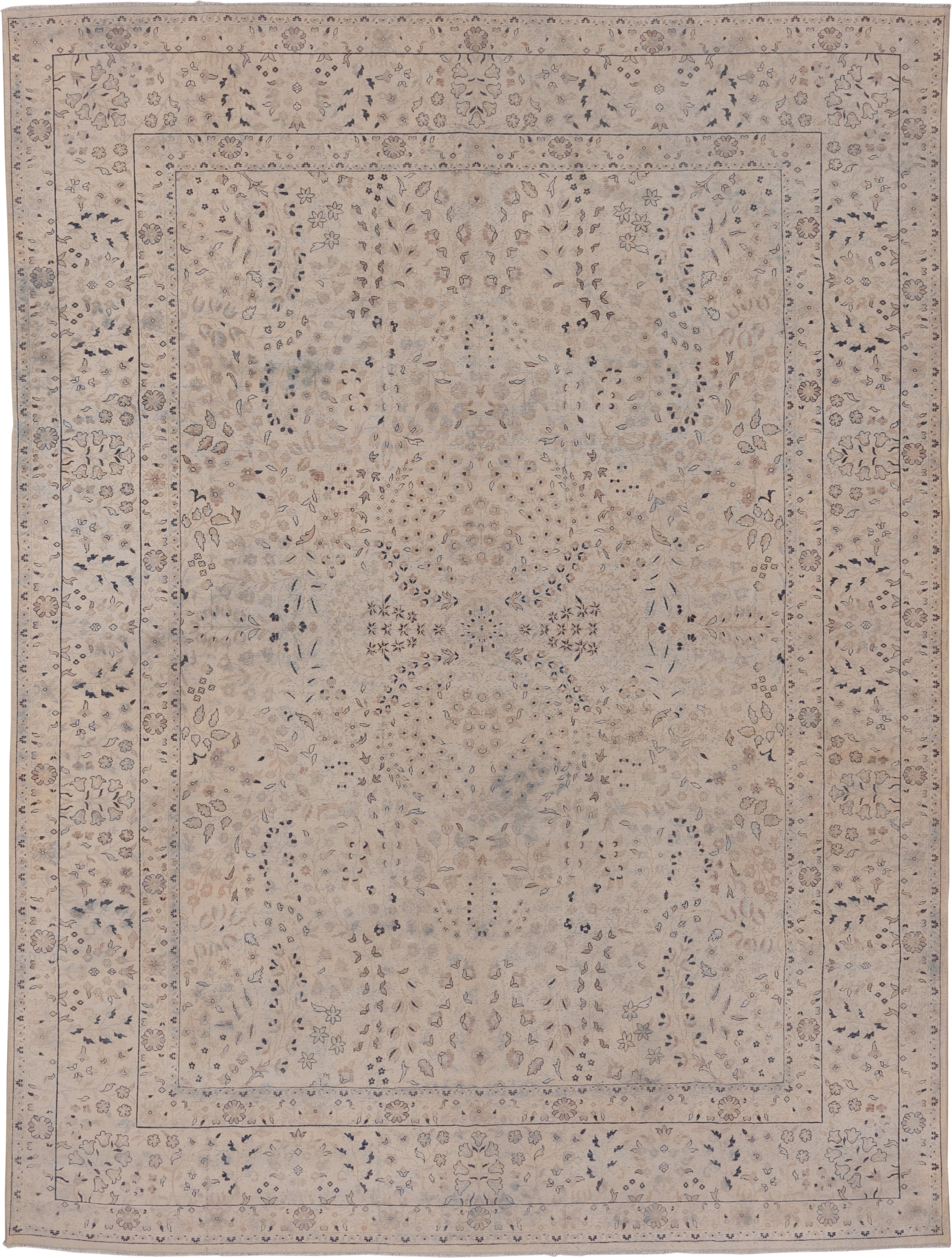 8' x 11' one-of-a-kind handmade antique Kashan large size rug. Color palette: ivory, beige, taupe, slate, dusty blue, camel