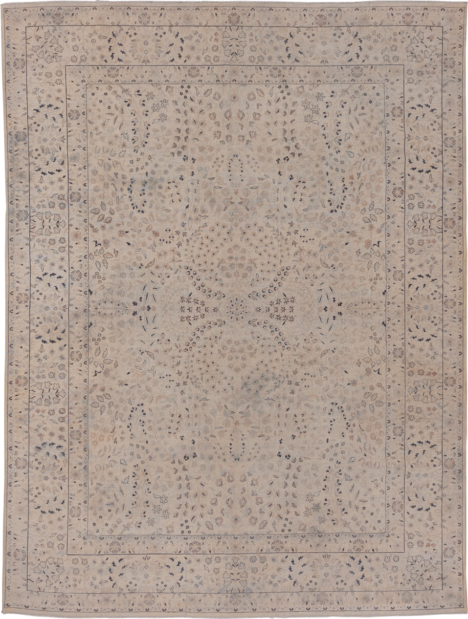 8' x 11' one-of-a-kind handmade antique Kashan large size rug. Color palette: ivory, beige, taupe, slate, dusty blue, camel