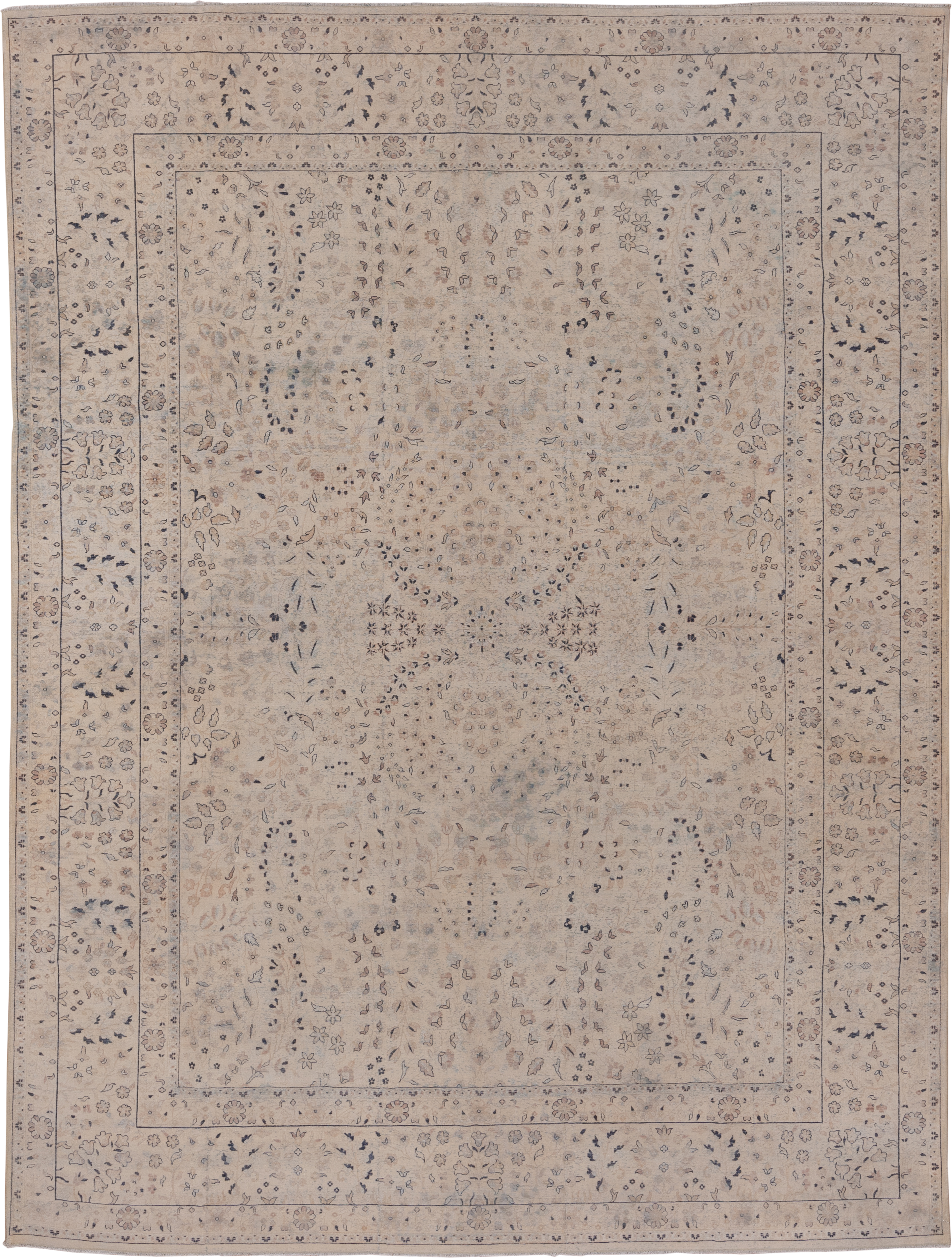 8' x 11' one-of-a-kind handmade antique Kashan large size rug. Color palette: ivory, beige, taupe, slate, dusty blue, camel
