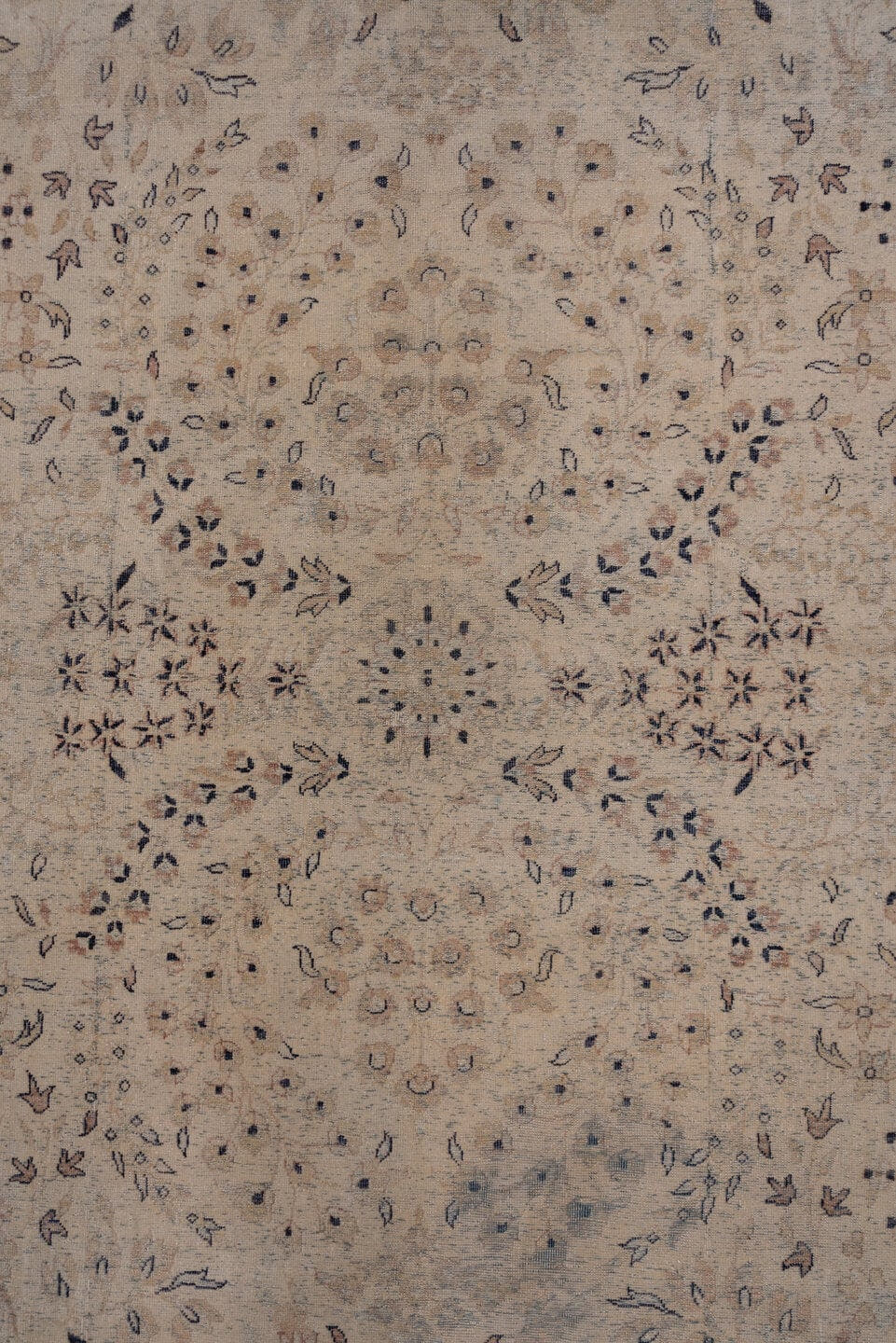 8' x 11' one-of-a-kind handmade antique Kashan large size rug. Color palette: ivory, beige, taupe, slate, dusty blue, camel