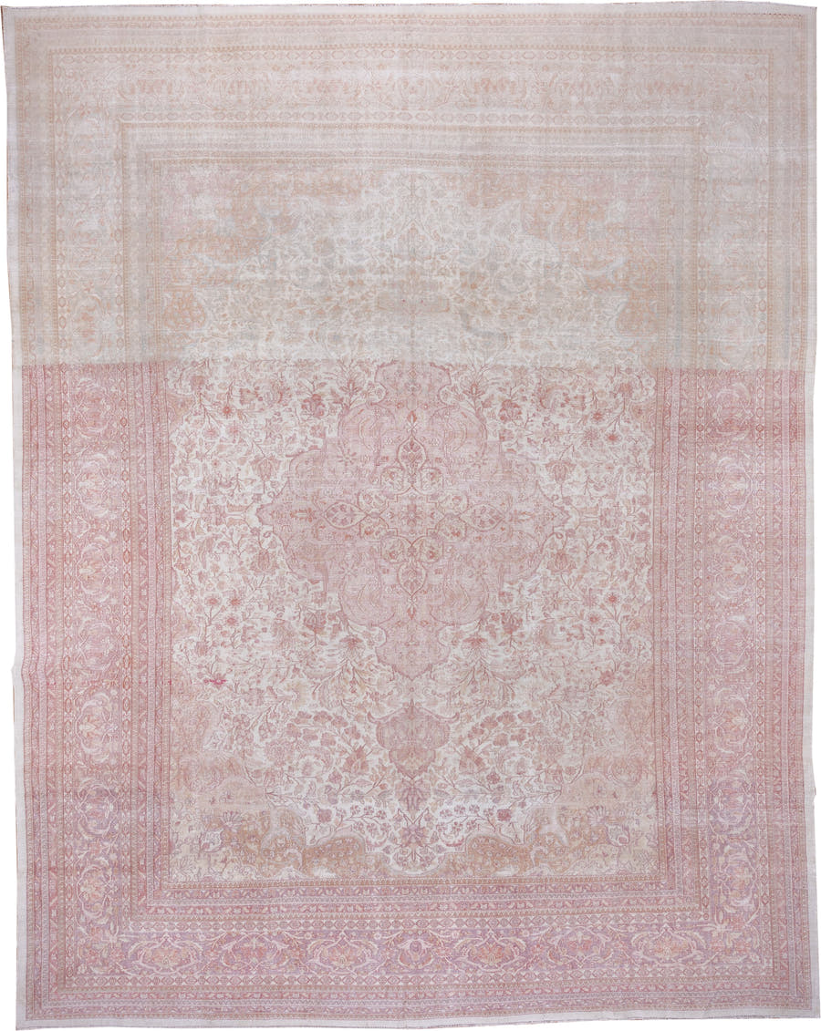 11' x 14' one-of-a-kind handmade antique Tabriz oversize rug. Color palette: ivory, blush, rose, pale lavender, taupe, peach