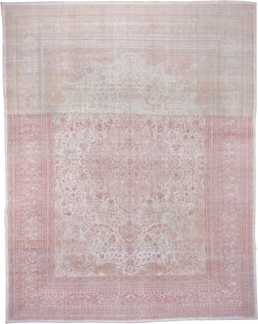 11' x 14' one-of-a-kind handmade antique Tabriz oversize rug. Color palette: ivory, blush, rose, pale lavender, taupe, peach