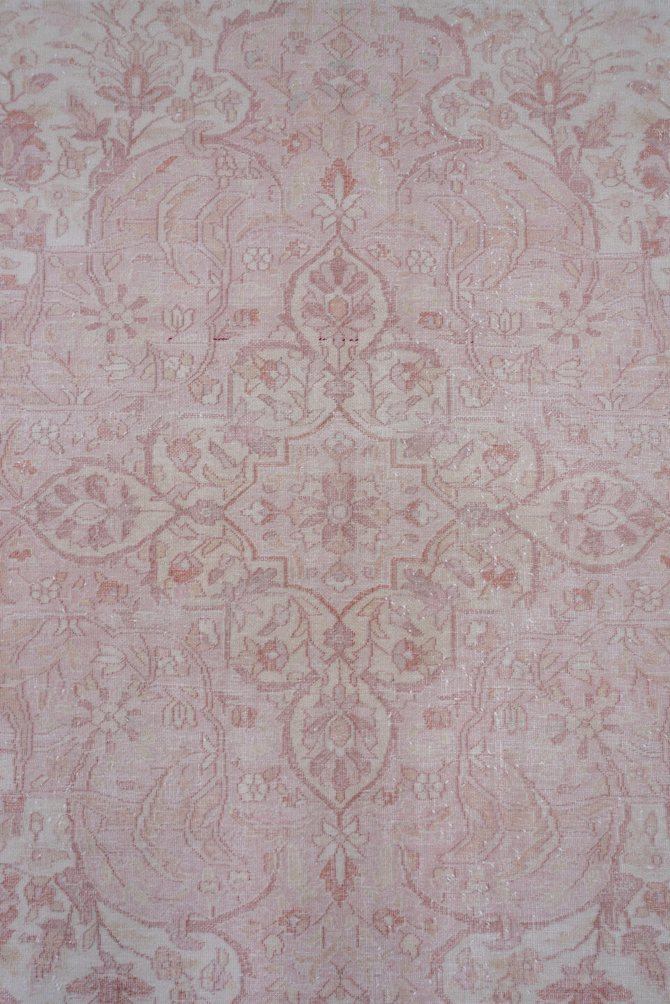11' x 14' one-of-a-kind handmade antique Tabriz oversize rug. Color palette: ivory, blush, rose, pale lavender, taupe, peach