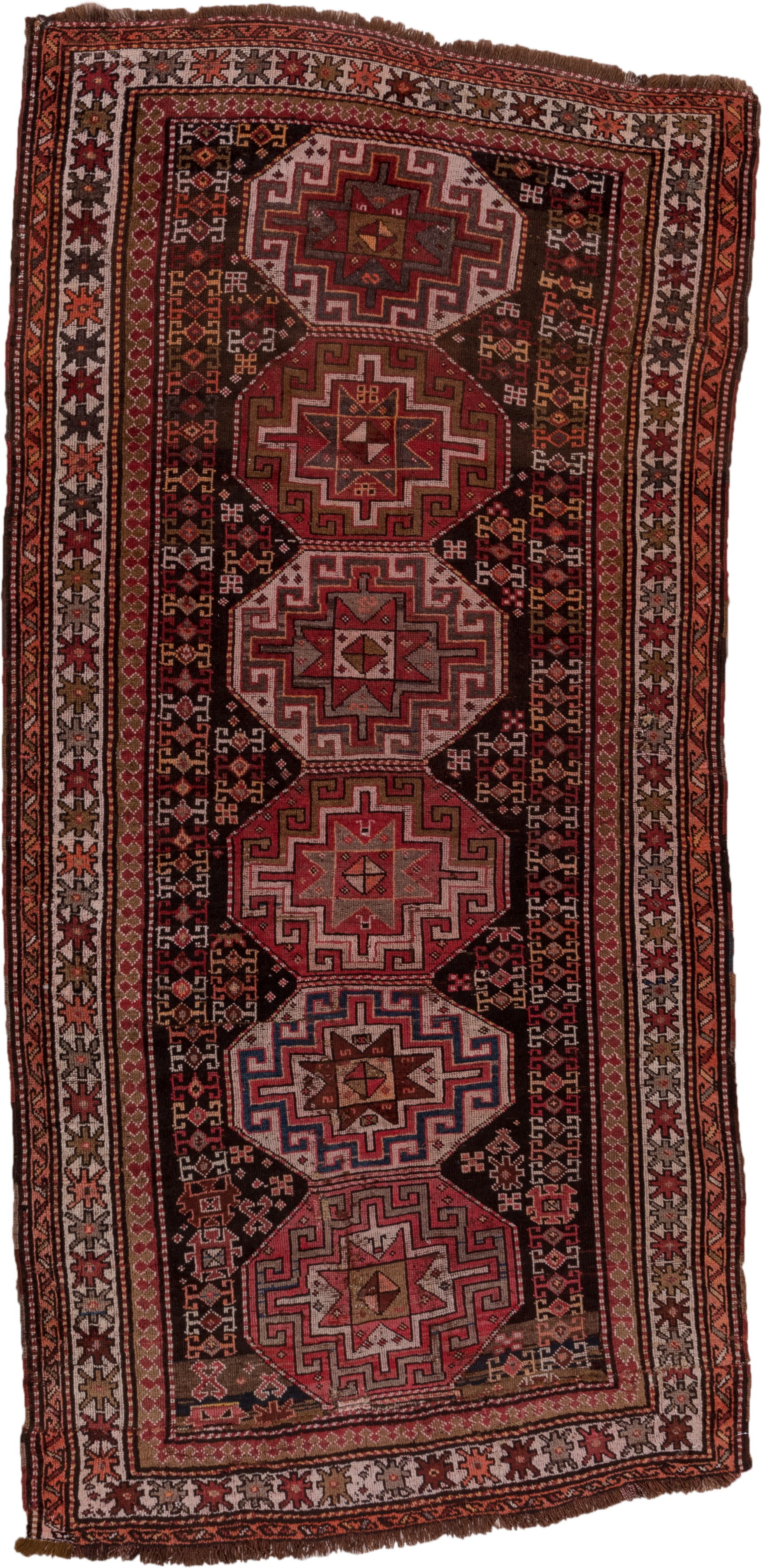 4' x 9' one-of-a-kind handmade antique Kazak runner rug. Color palette: rust, ivory, burgundy, charcoal, rose, taupe