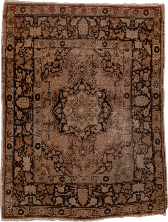 4' x 5' one-of-a-kind handmade antique Tabriz small size rug. Color palette: taupe, camel, brown, ivory, rose, terra cotta