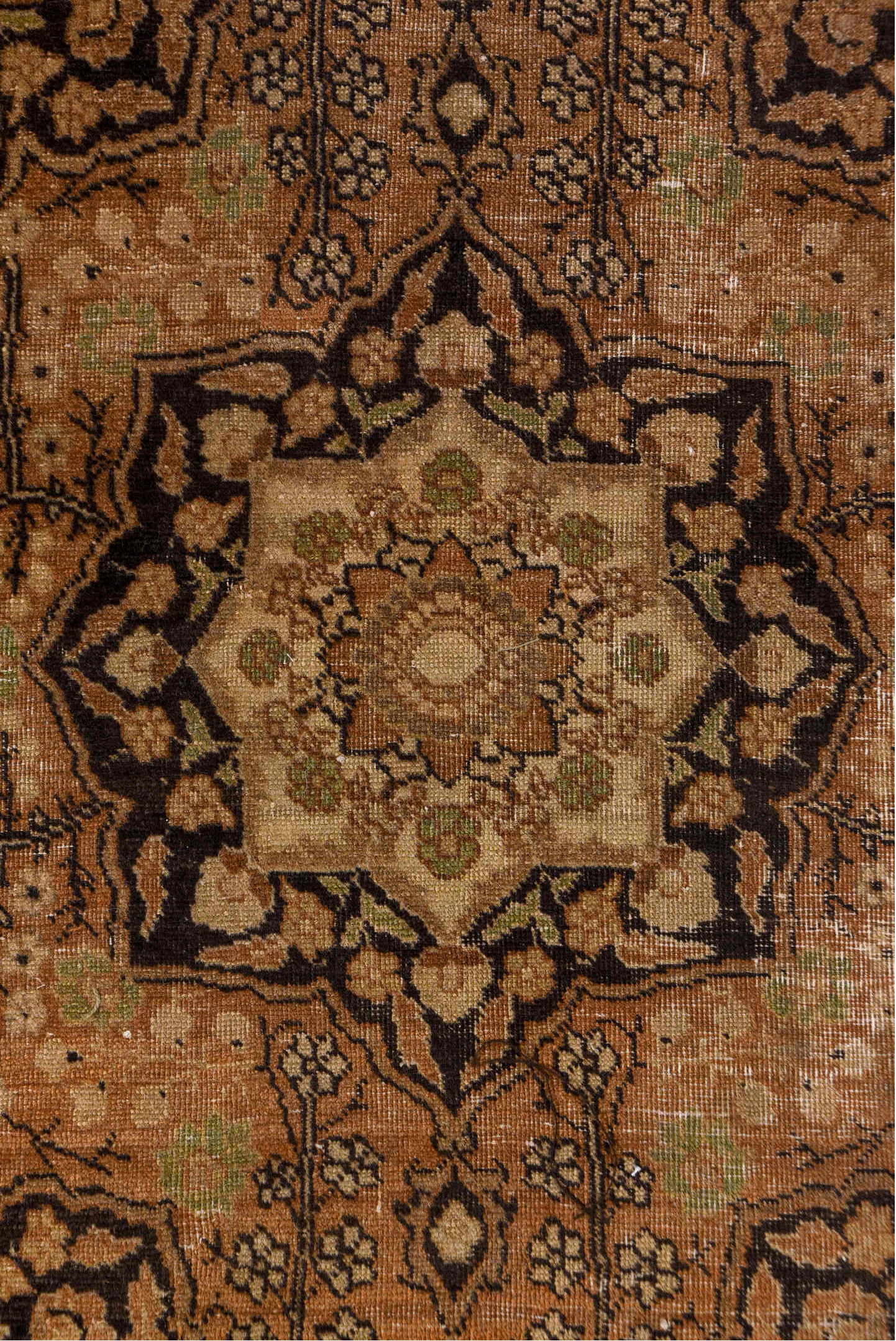 4' x 5' one-of-a-kind handmade antique Tabriz small size rug. Color palette: taupe, camel, brown, ivory, rose, terra cotta