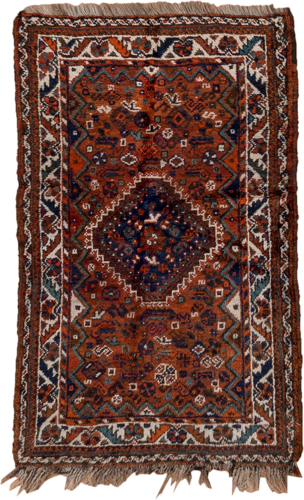 2' x 4' one-of-a-kind handmade antique Shiraz small size rug. Color palette: rust, indigo, ivory, terra cotta, teal