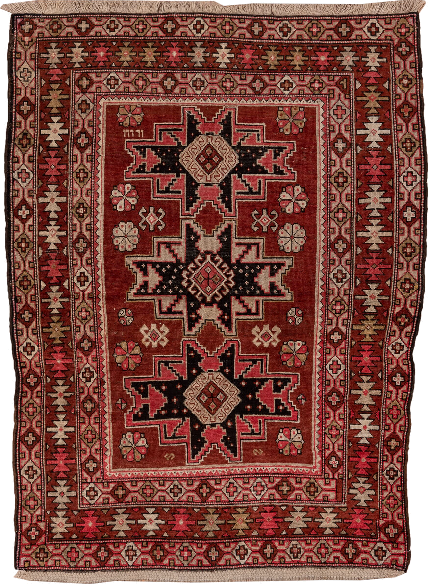 4' x 6' one-of-a-kind handmade antique Shirvan small size rug. Color palette: rust, ivory, charcoal, rose, terra cotta