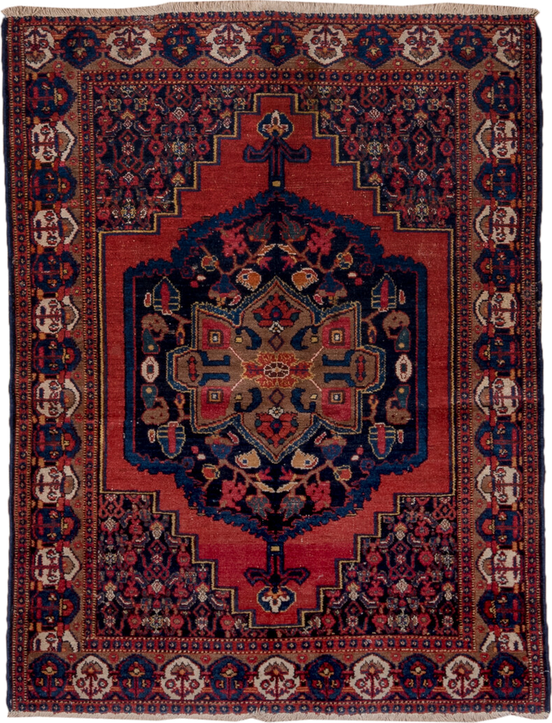 3' x 4' one-of-a-kind handmade antique Senne small size rug. Color palette: rust, navy, ivory, camel, crimson, indigo, rose