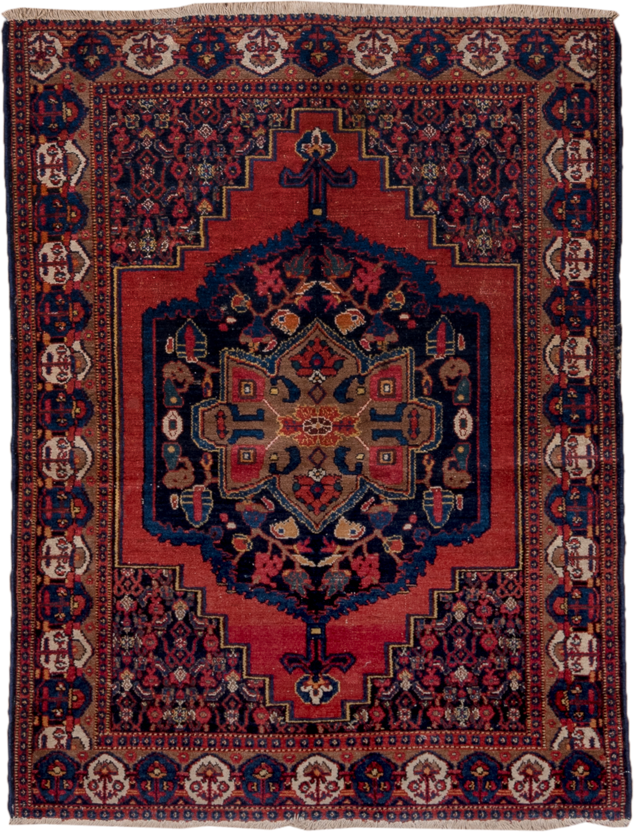 3' x 4' one-of-a-kind handmade antique Senne small size rug. Color palette: rust, navy, ivory, camel, crimson, indigo, rose