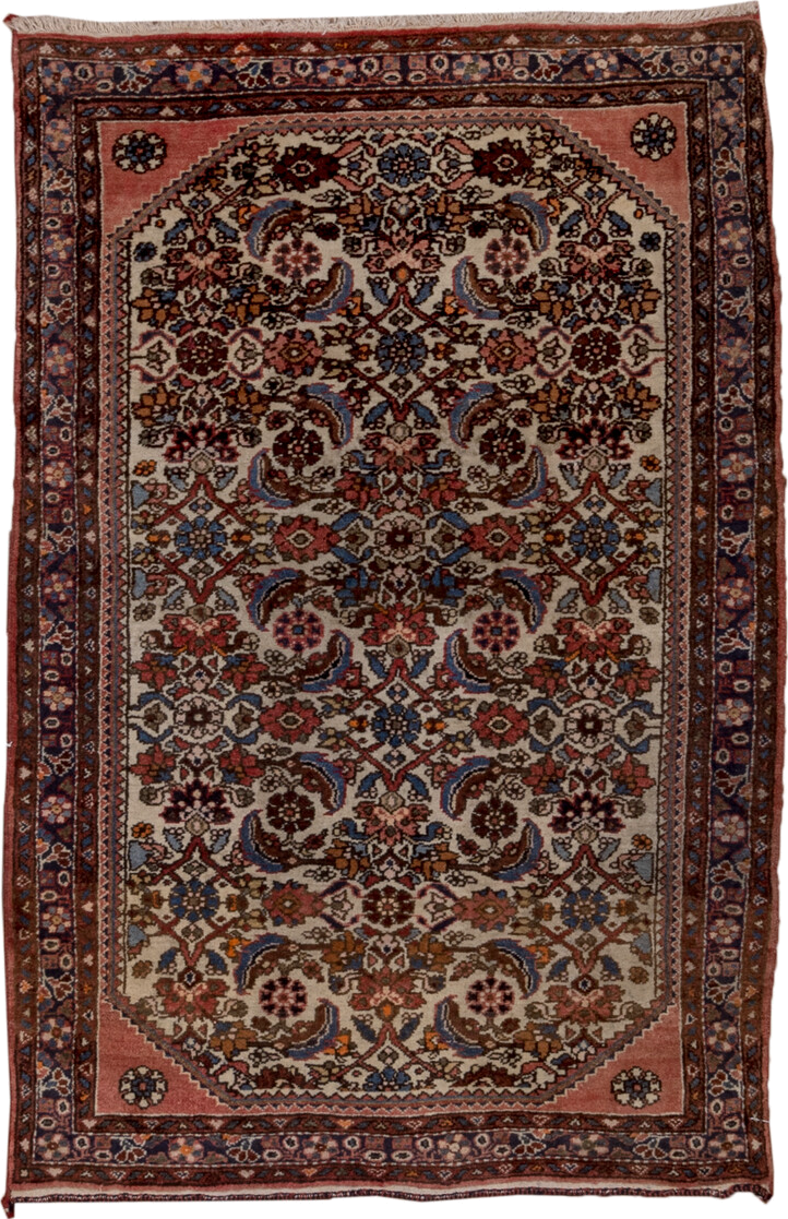 2' x 4' one-of-a-kind handmade antique Malayer small size rug. Color palette: ivory, rose, rust, indigo, soft blue, burgundy
