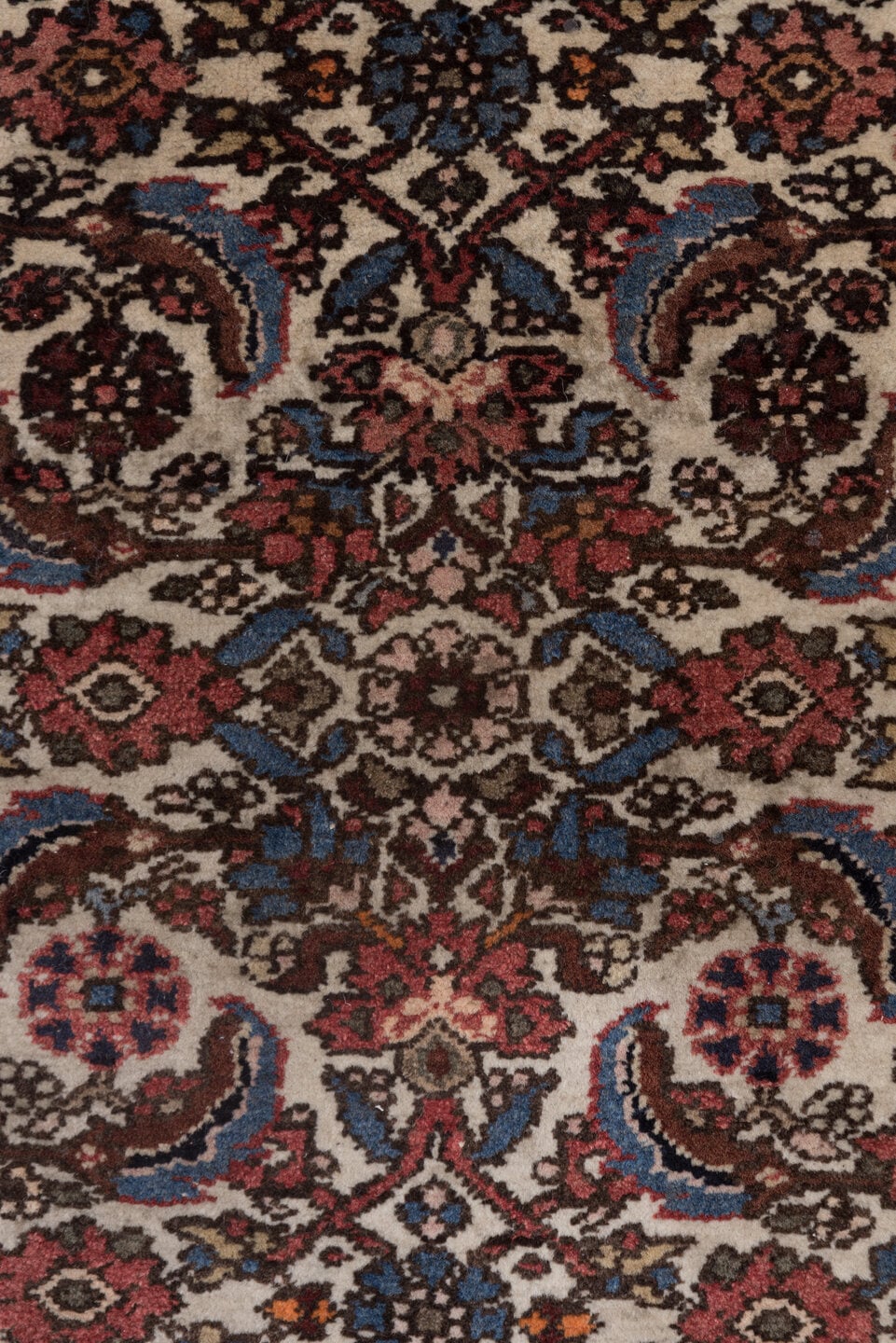 2' x 4' one-of-a-kind handmade antique Malayer small size rug. Color palette: ivory, rose, rust, indigo, soft blue, burgundy