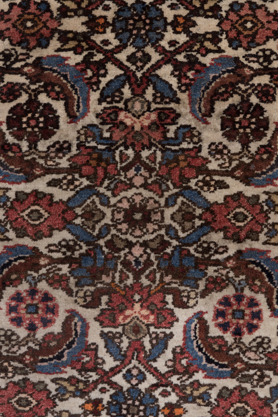 2' x 4' one-of-a-kind handmade antique Malayer small size rug. Color palette: ivory, rose, rust, indigo, soft blue, burgundy