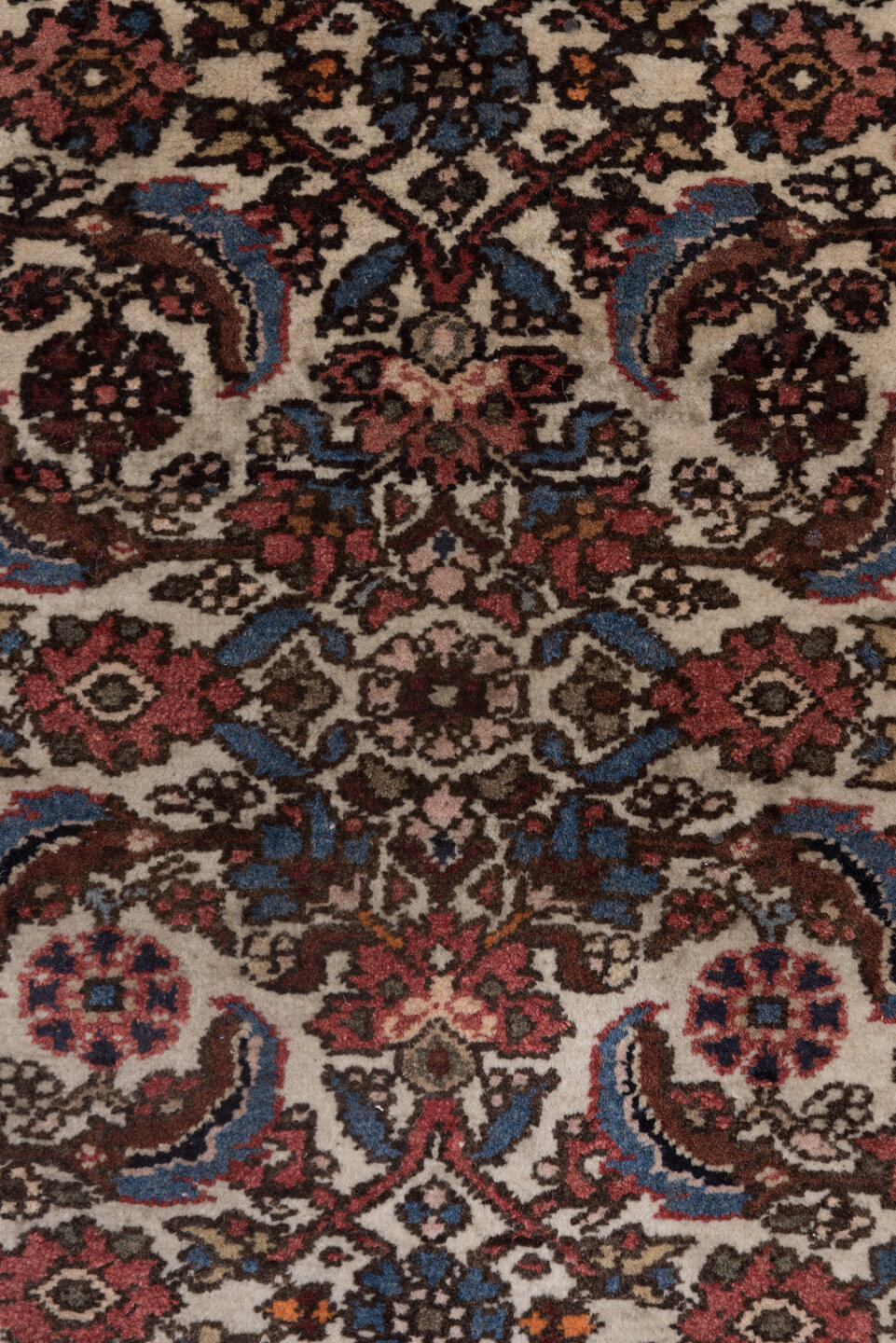 2' x 4' one-of-a-kind handmade antique Malayer small size rug. Color palette: ivory, rose, rust, indigo, soft blue, burgundy