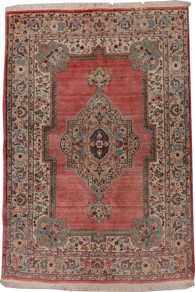 3' x 5' one-of-a-kind handmade vintage Tabriz small size rug. Color palette: rose, ivory, sky_blue, navy, rust, sage, taupe