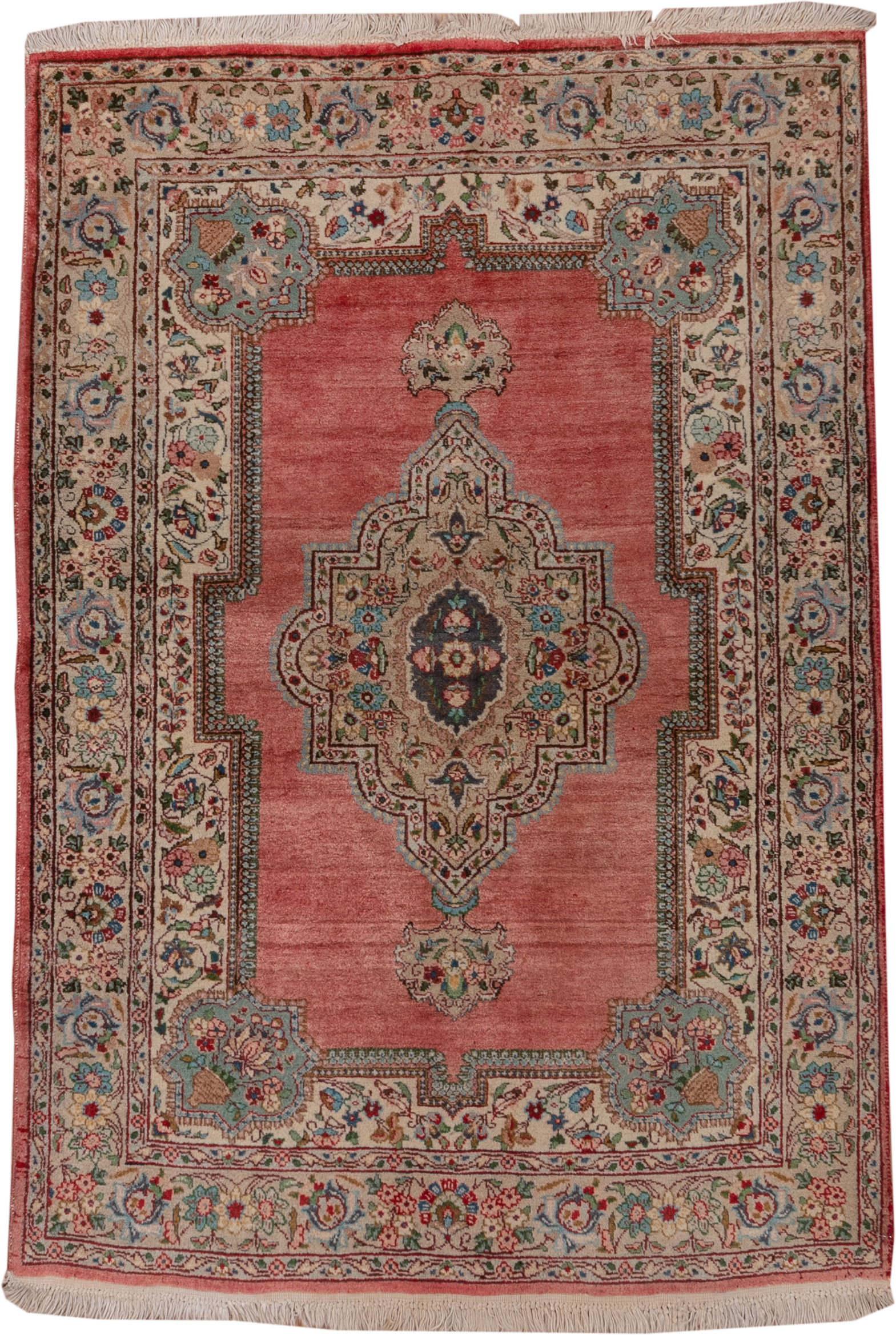 3' x 5' one-of-a-kind handmade vintage Tabriz small size rug. Color palette: rose, ivory, sky_blue, navy, rust, sage, taupe