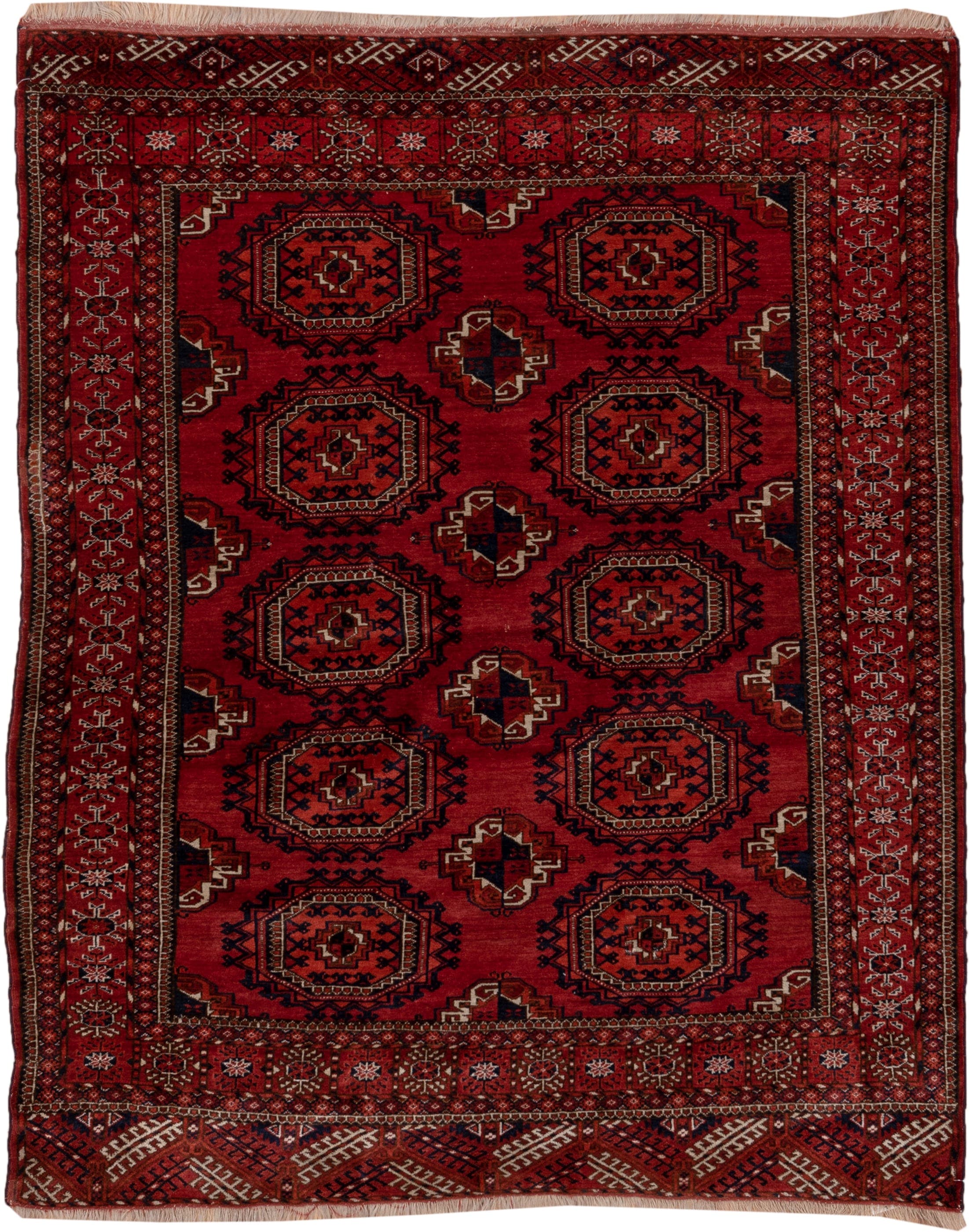 4' x 5' one-of-a-kind handmade antique Torkaman rug. Color palette: crimson, burgundy, rust, ivory, navy, charcoal, rose